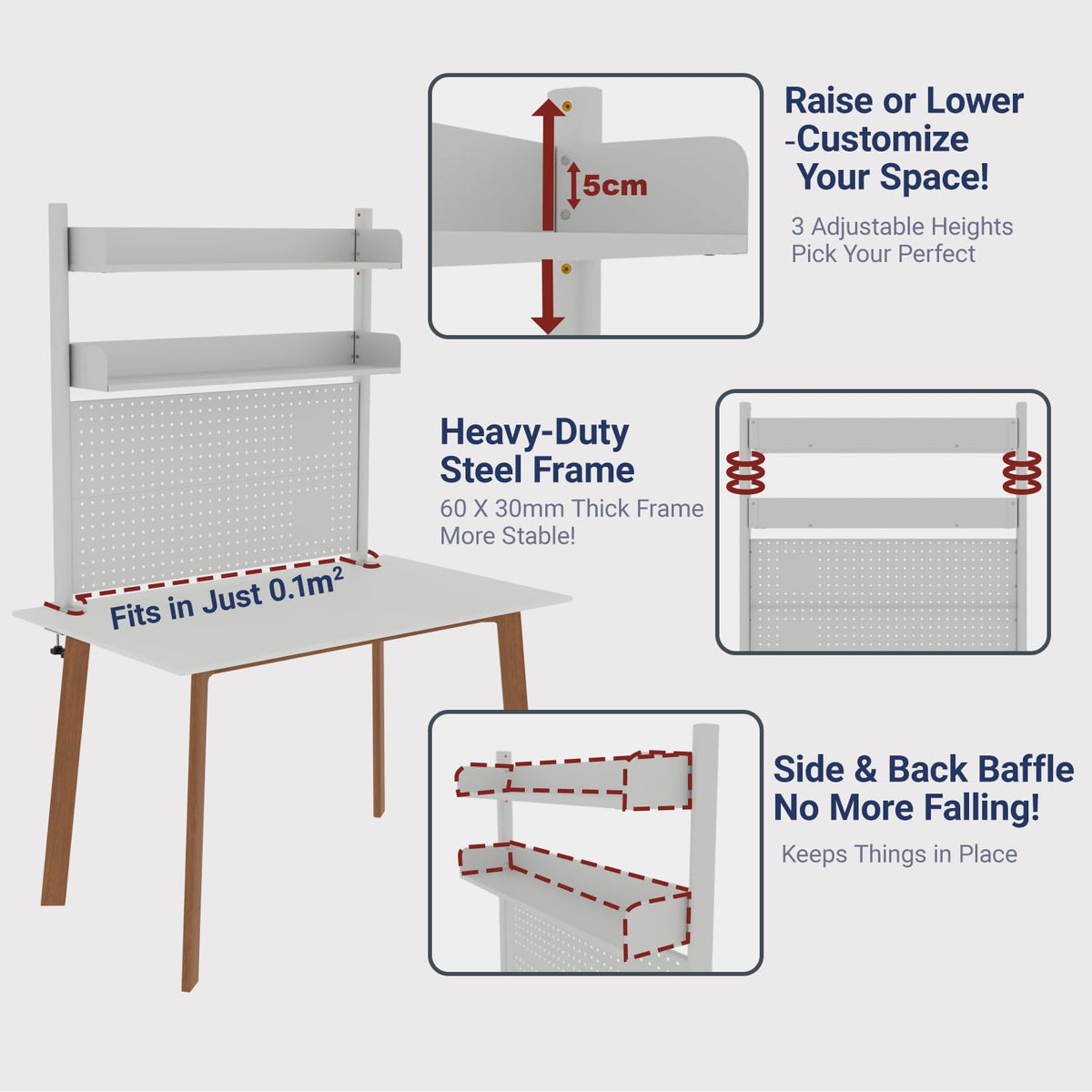 Boltmol Clamp-on 2-Tier Desk Shelf,Beige 80CM, Desktop Organizer With Pegboard, Countertop Storage Bookcase For Home, Office Or Dorm