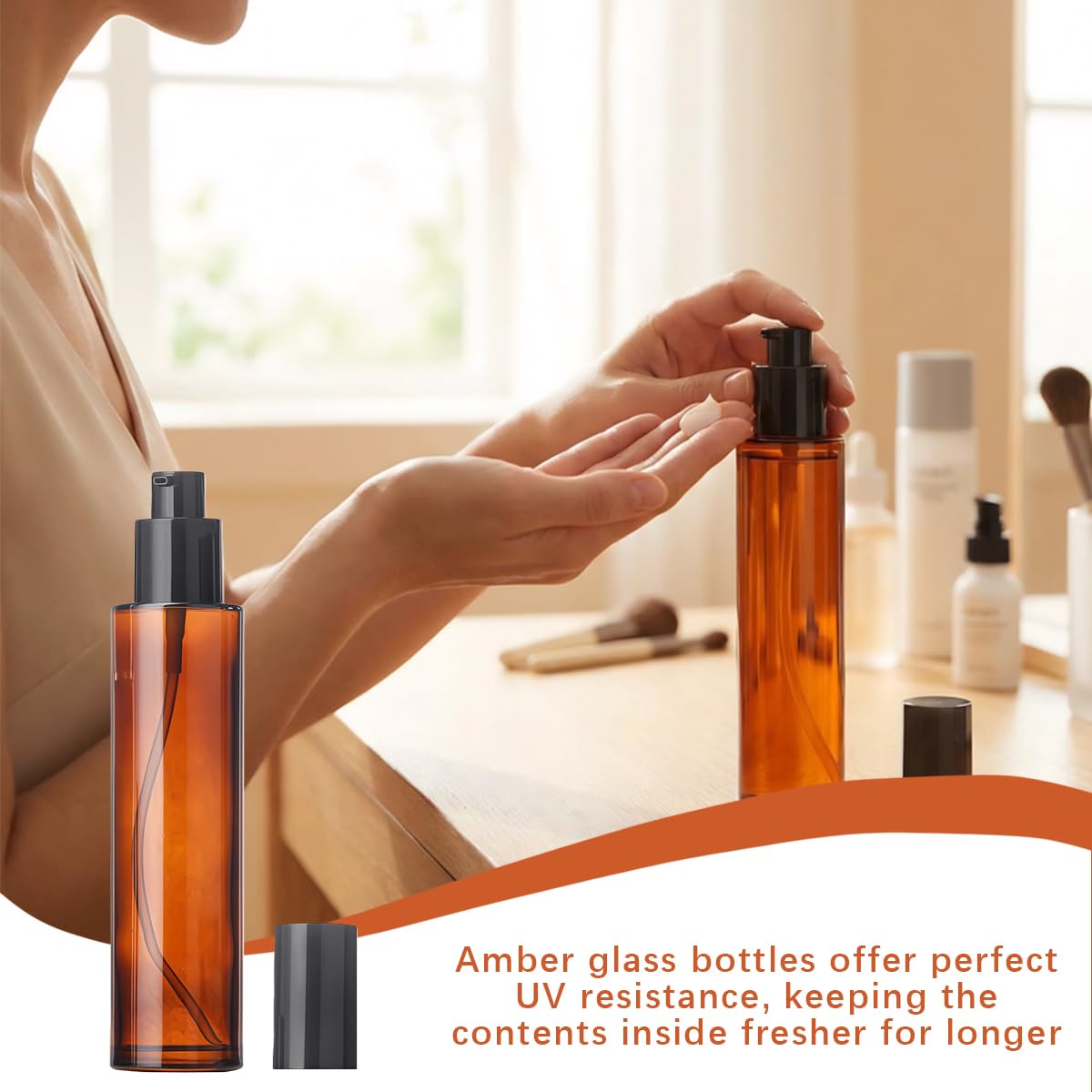 Upstore 3Pcs 60ml/2oz Empty Amber Glass Lotion Pump Bottles Soap Dispensers Bottle Jar Cosmetics Containers with Black Pump for Essential Oil