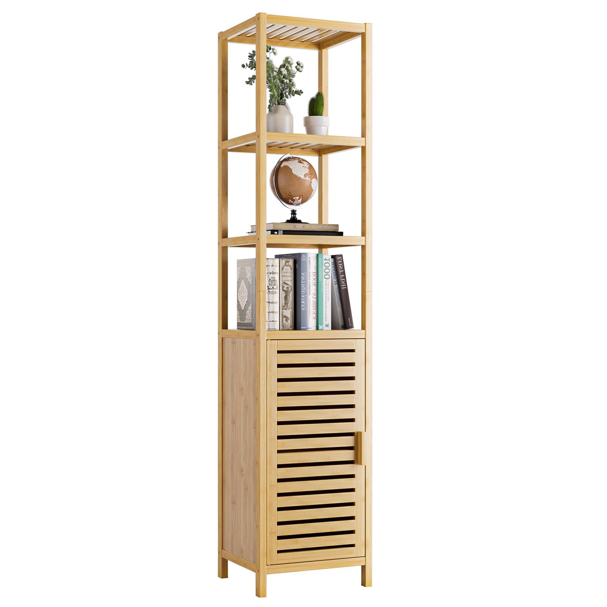 HITNET Bathroom Storage Cabinet, 6-Tier Bamboo Tall Narrow Linen Tower Corner Rack, Space Saving Floor Standing Organizer with Open Shelves and Single