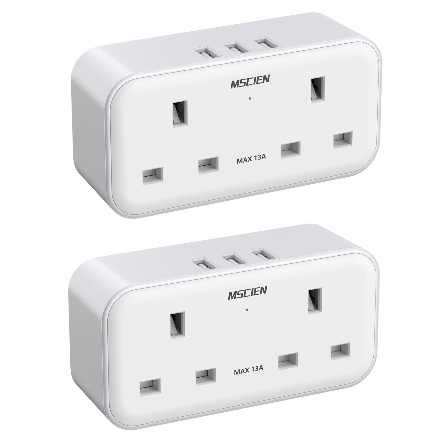 Plug Adapter with 3 USB (2 Pack), Mscien Multi Plug Extension Socket, Double Plug Adaptor with Dual 2 Pin Socket at The Bottom, 13A UK Multiplug