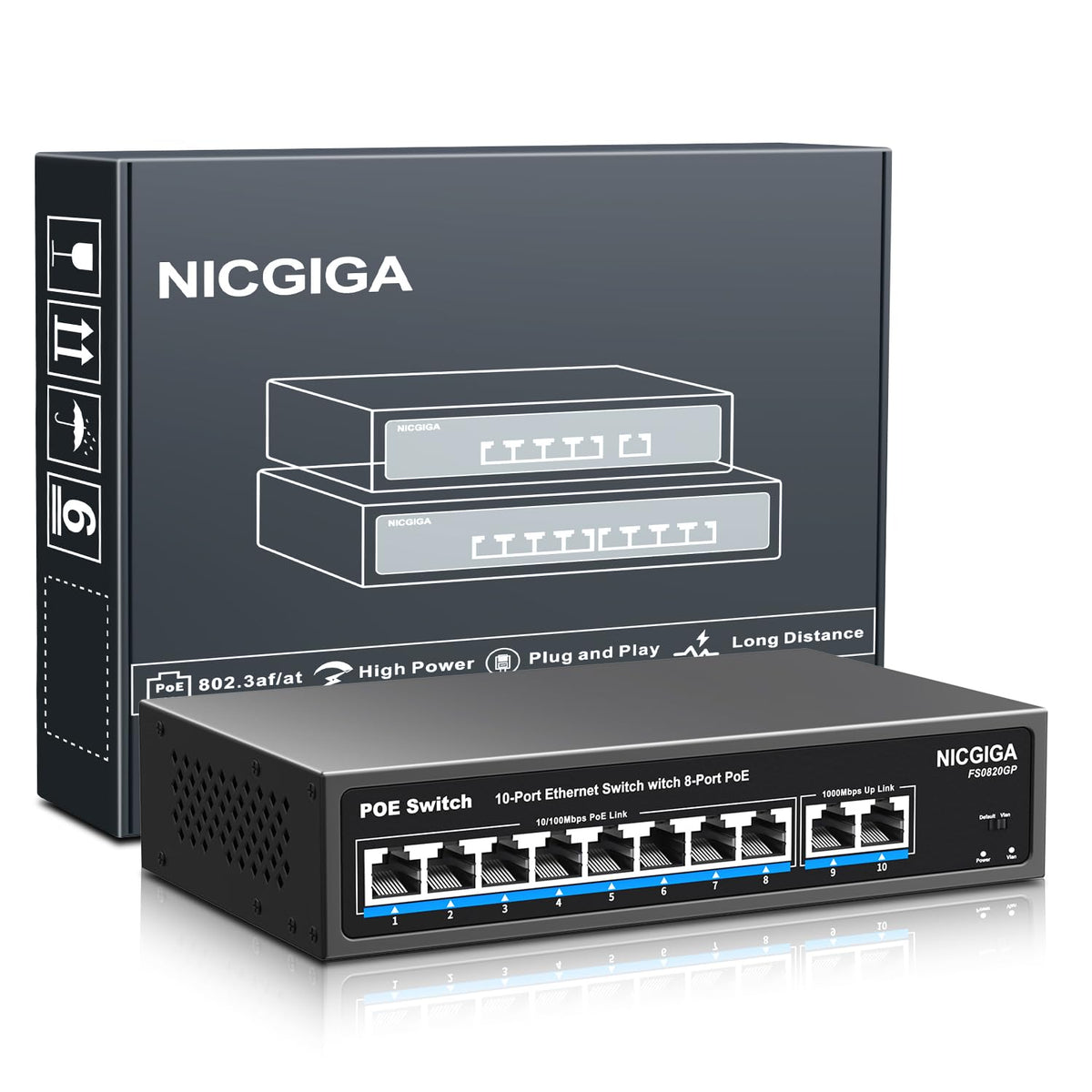 8 Port PoE Switch with 8 Ports 100Mbps PoE+@120W + 2 * Gigabit Uplink Port, NICGIGA 10 Port 802.3af/at Power Over Ethernet Network Switch Unmanaged,