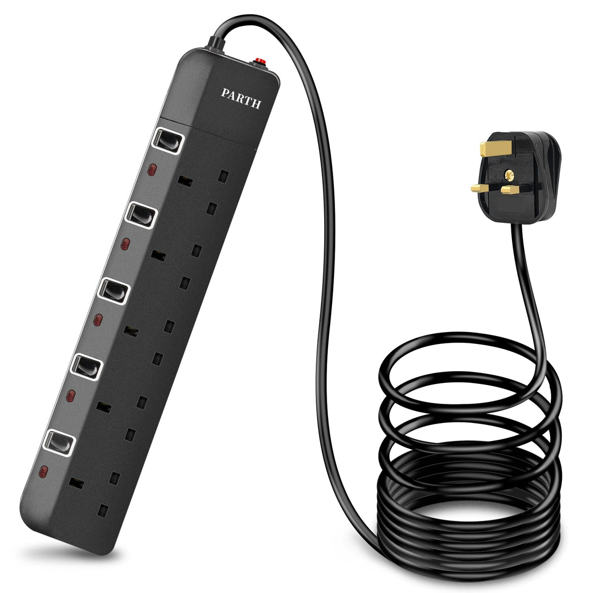 PARTH 10m Surge Protected Extension Lead 5 Way, Extension Cable 5 Gang UK Plug Extension Socket, Black Extension Lead with Switches, 10 Metre Extra