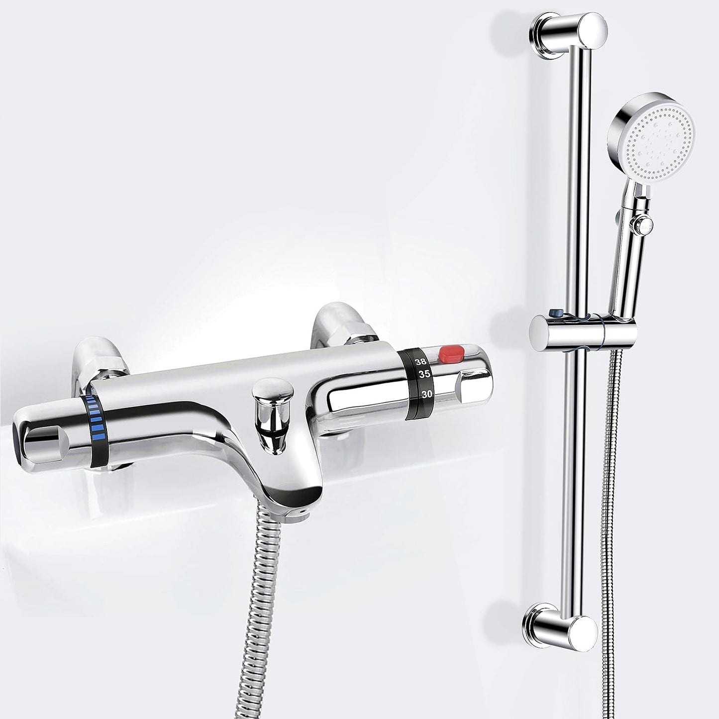 Thermostatic Bath Shower Mixer Tap with Shower Riser Kit, Deck Mounted Bath Shower Mixer Bar Set, Bath Taps with Bathtub Filler Spout, 38?C Anti