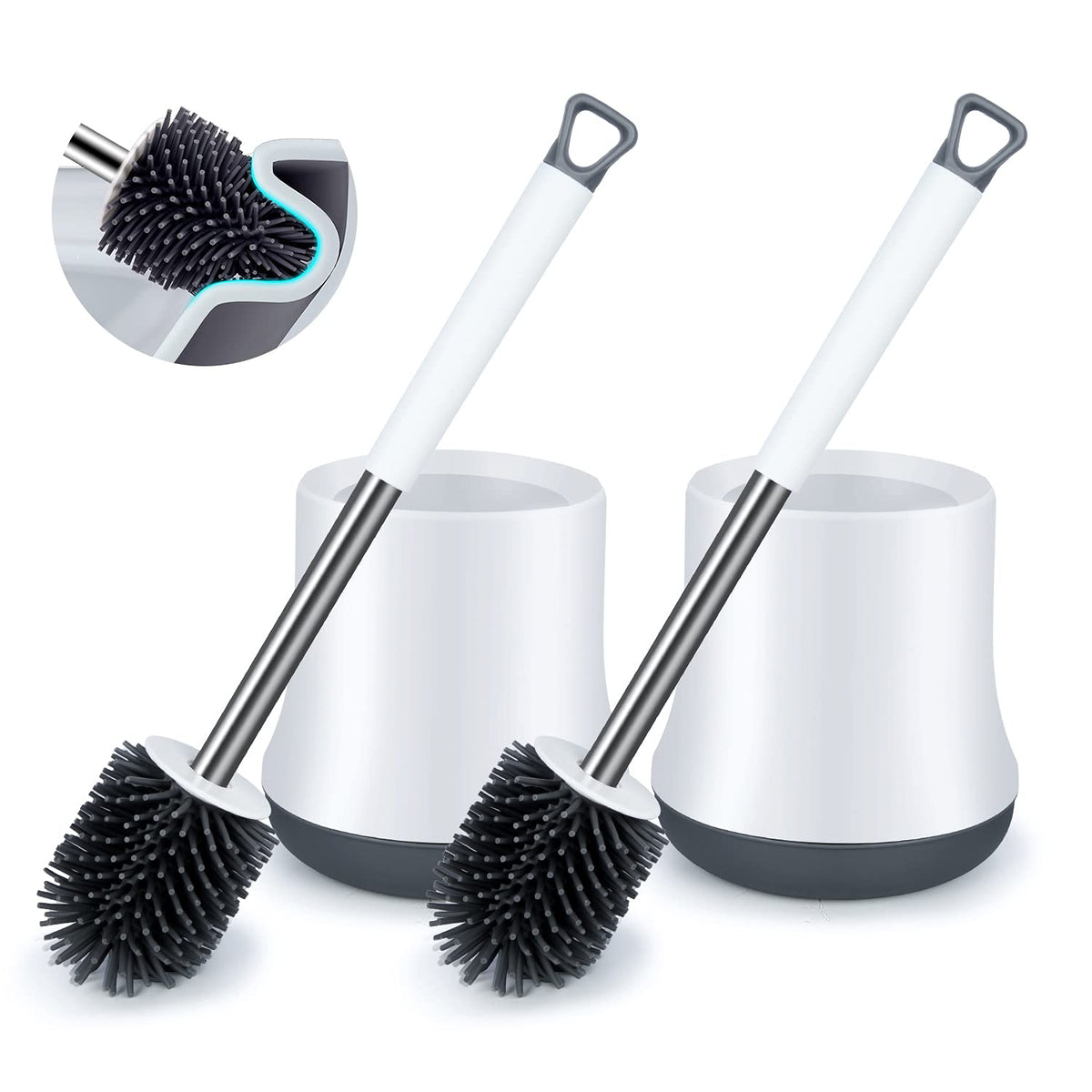 Silicone Toilet Brush and Holder Set 2 Pack, ENSPOWAY Bathroom Toilet Cleaner Brush Modern Design Deep Cleaning Rubber Toilet Bowl Brushes with