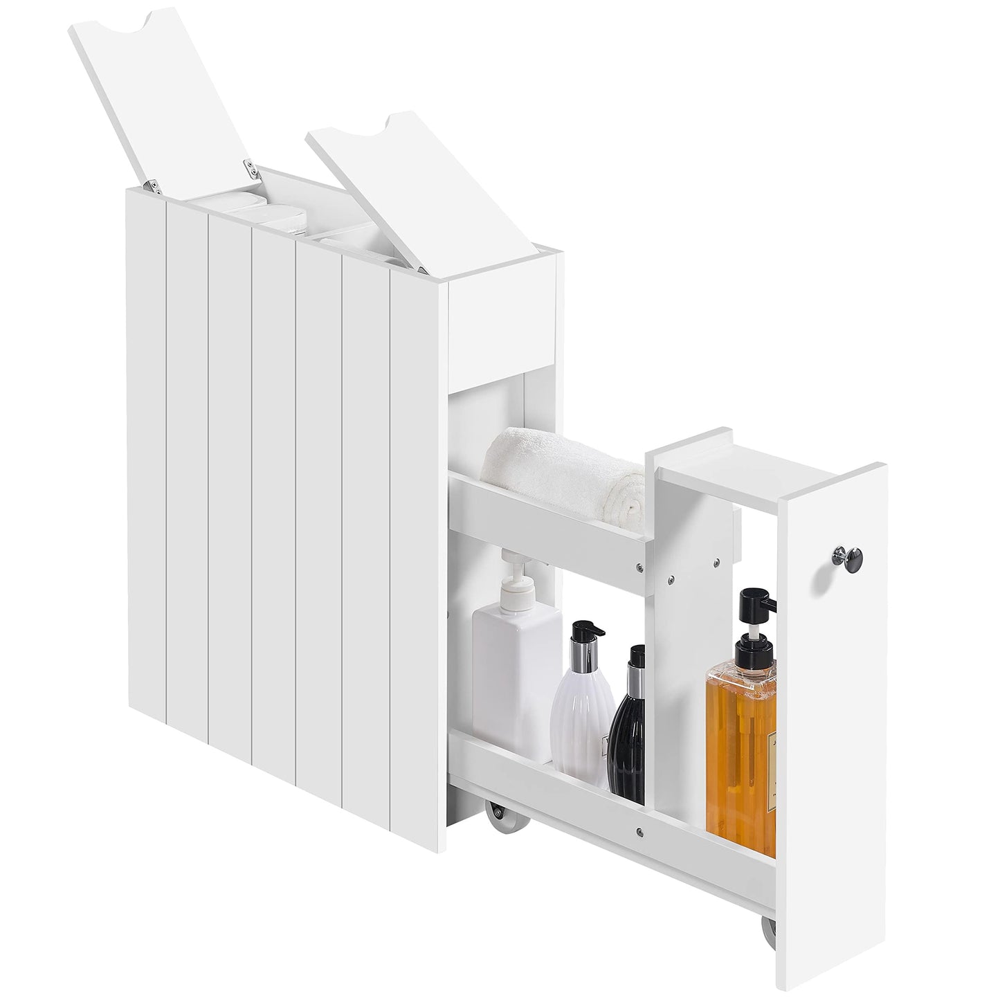 Yaheetech Slim Bathroom Floor Cabinet, Narrow & Compact Bathroom Organizer with Drawer & Slide Out Shelf, Freestanding Storage Unit on Wheels, White