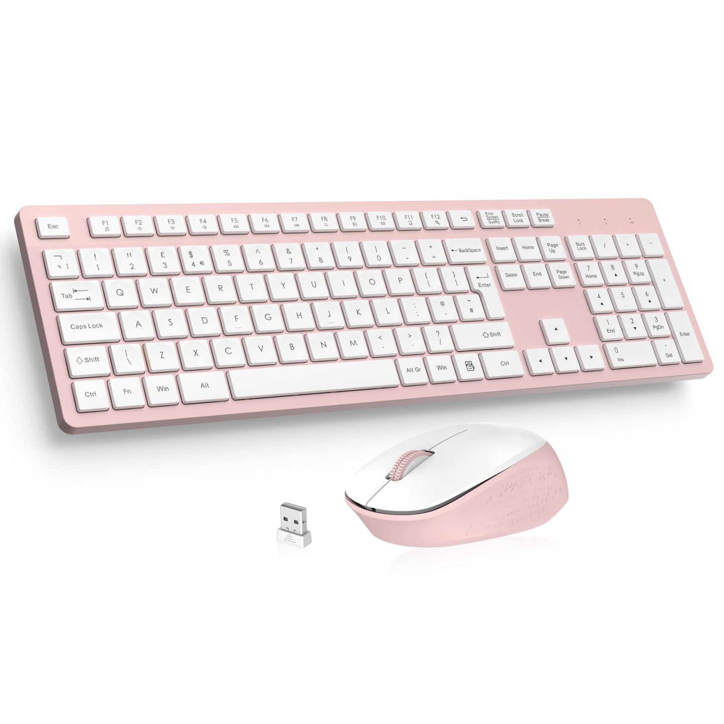 LeadsaiL Pink Wireless Keyboard and Mouse Set, 2.4GHz USB Computer Keyboards and Mouse for Office, UK Layout, Ergonomic Design with 12 Multimedia
