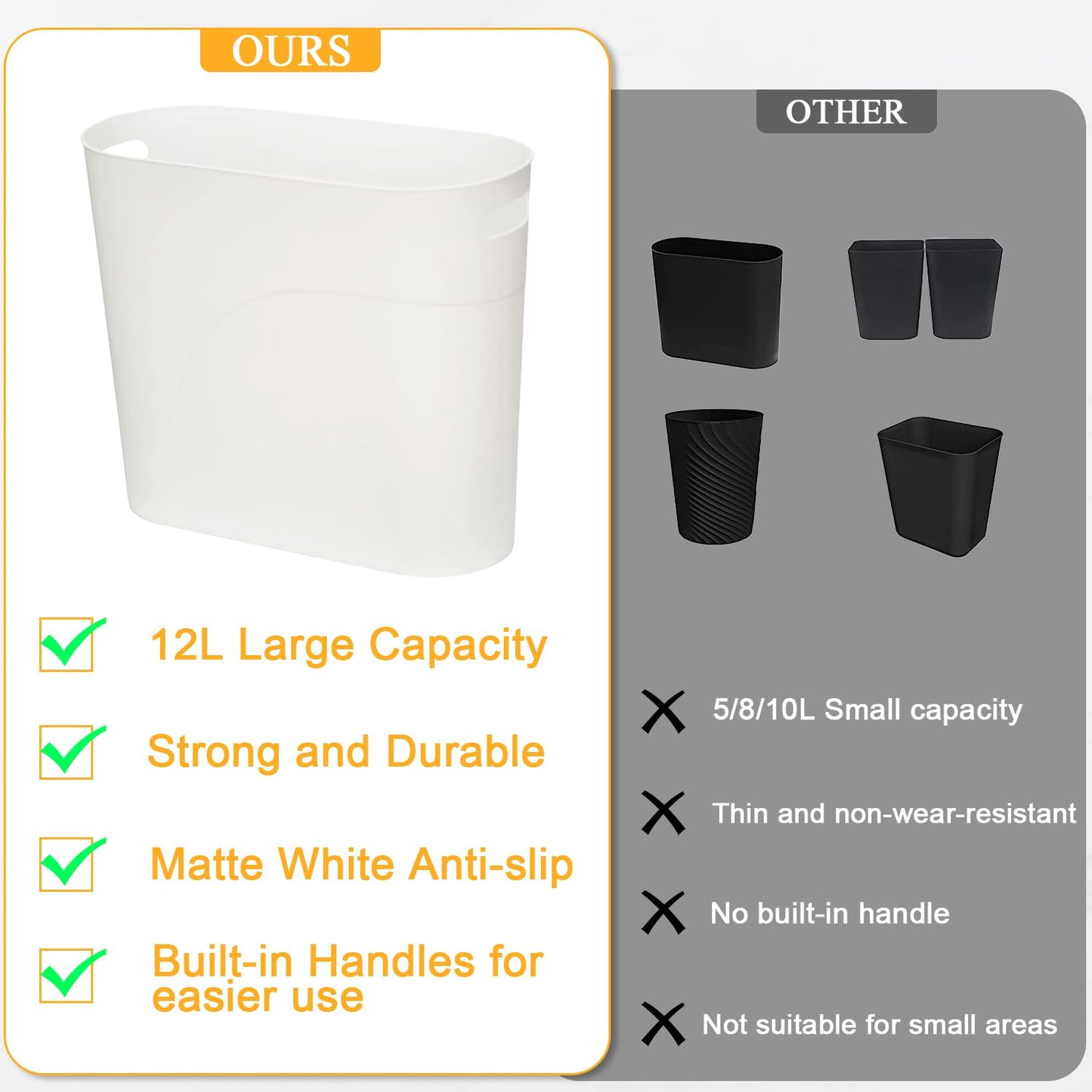 LOSYHU 2 Pack Plastic Trash Can 12L Slim Waste Basket Plastic Bedroom Wastebasket Small Office Bin with Handle Reusable Slim Garbage Container Bin