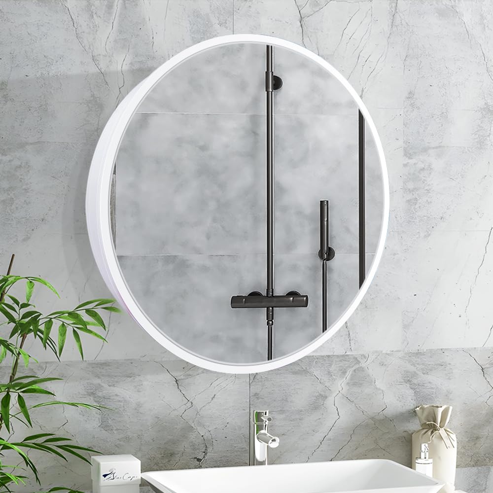 Janboe Round Medicine Cabinet,Medicine Cabinet with Mirror,Aluminum Framed,Soft Close Hinge,20inch,White