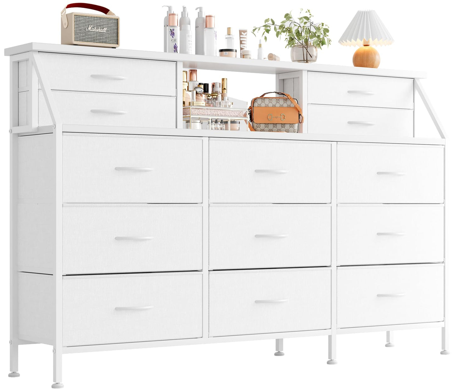 MUTUN Dresser for Bedroom with 13 Drawers, 55? Wide Chest of Drawers, Fabric Dresser with 2 Wooden Shelves, Storage Organizer Unit with Fabric Bins
