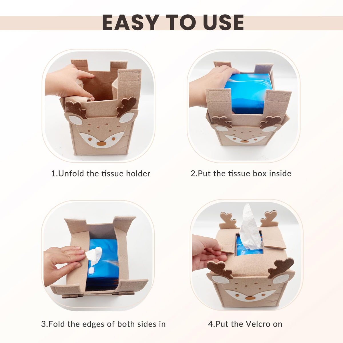 Daily Treasures Cute Deer Square Tissue Box Cover,Refillable Felt Tissue Box Holder with Hook And Loop Fasteners,Unique Tissue Storage Organizer