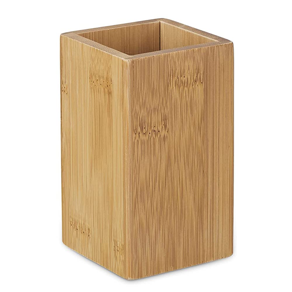 Hsthe Sea Bamboo Toothbrush Cup, Toothbrush Holder, Bamboo Square Pen Pot | Wood Pencil Holder, Square, for Toothbrush, Tongue Cleaner and Toothpaste,
