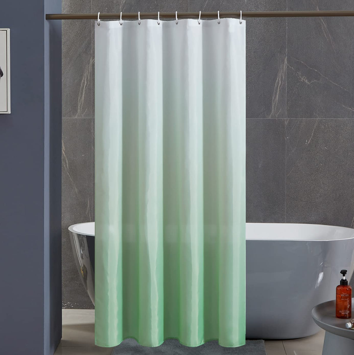 Furlinic Shower Curtain Gradient White to Green Bath Curtains Waterproof Mould Proof Resistant Polyester Fabric 120x200cm Narrow with Hooks 47x78