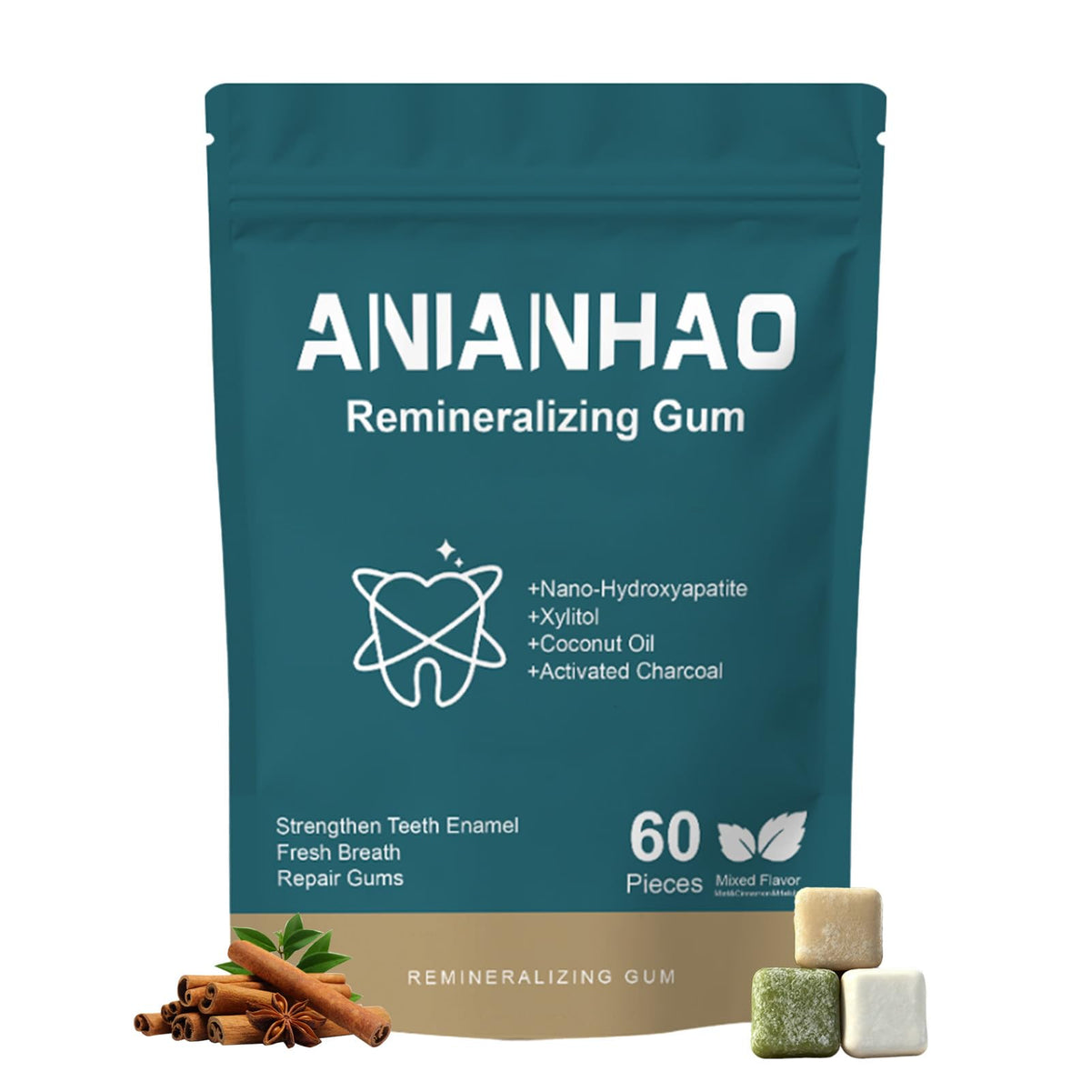 60 Count Remineralizing Gum with Nano Hydroxyapatite & Xylitol ? Sugar-Free Cinnamon Xylitol Gum ? Plastic-Free, Dye/Aspartame-Free ? Natural Base