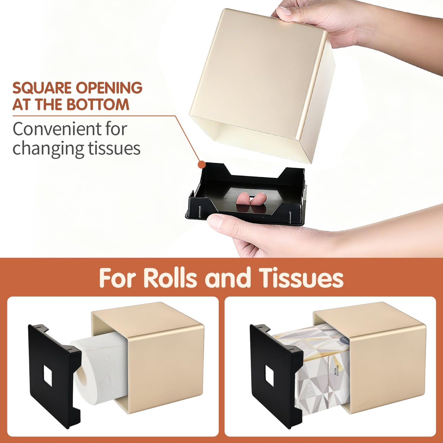 Y-in Hand Tissue Box Cover, Square Facial Tissue Holder Storage for Bathroom Vanity, Countertops, Dressers, Night Stand, Parlors and Offices - Gold