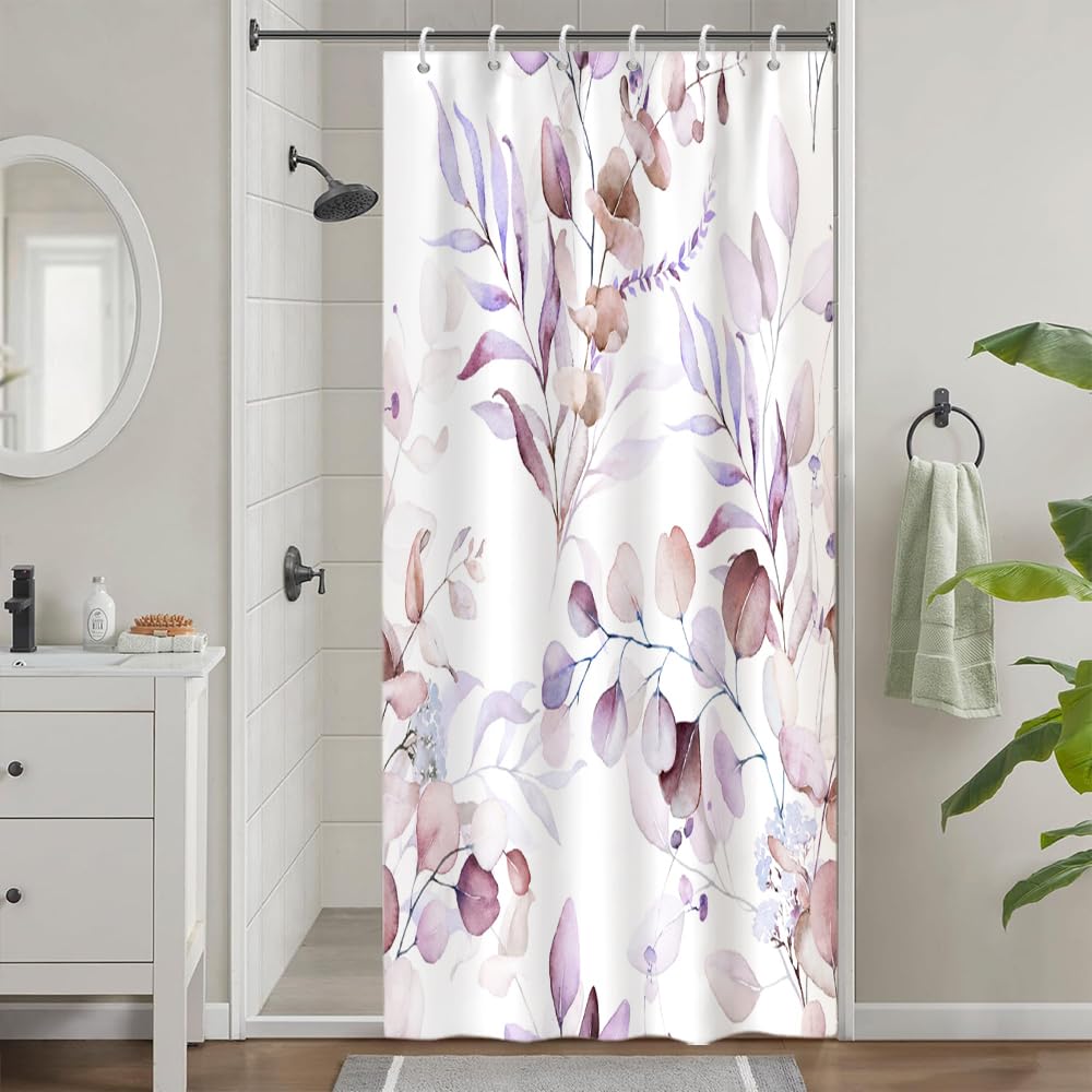 Uiiooazy Eucalyptus Stall Shower Curtain, Pink Violet Leaves Floral Bath Curtain Mildew and Mould Resistant Waterproof Polyester Fabric Washable