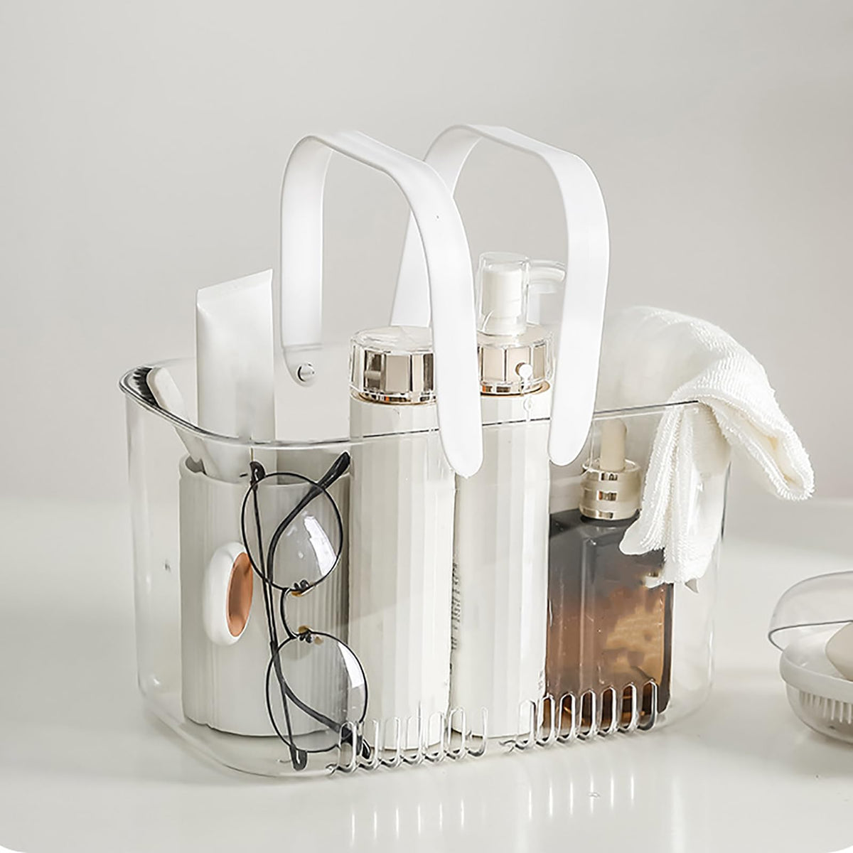 NOENNULL Shower Caddy Basket, Plastic Storage Basket with Handle, Large Capacity Storage Portable Shower Caddy Hollow Design Clear Bathroom Basket