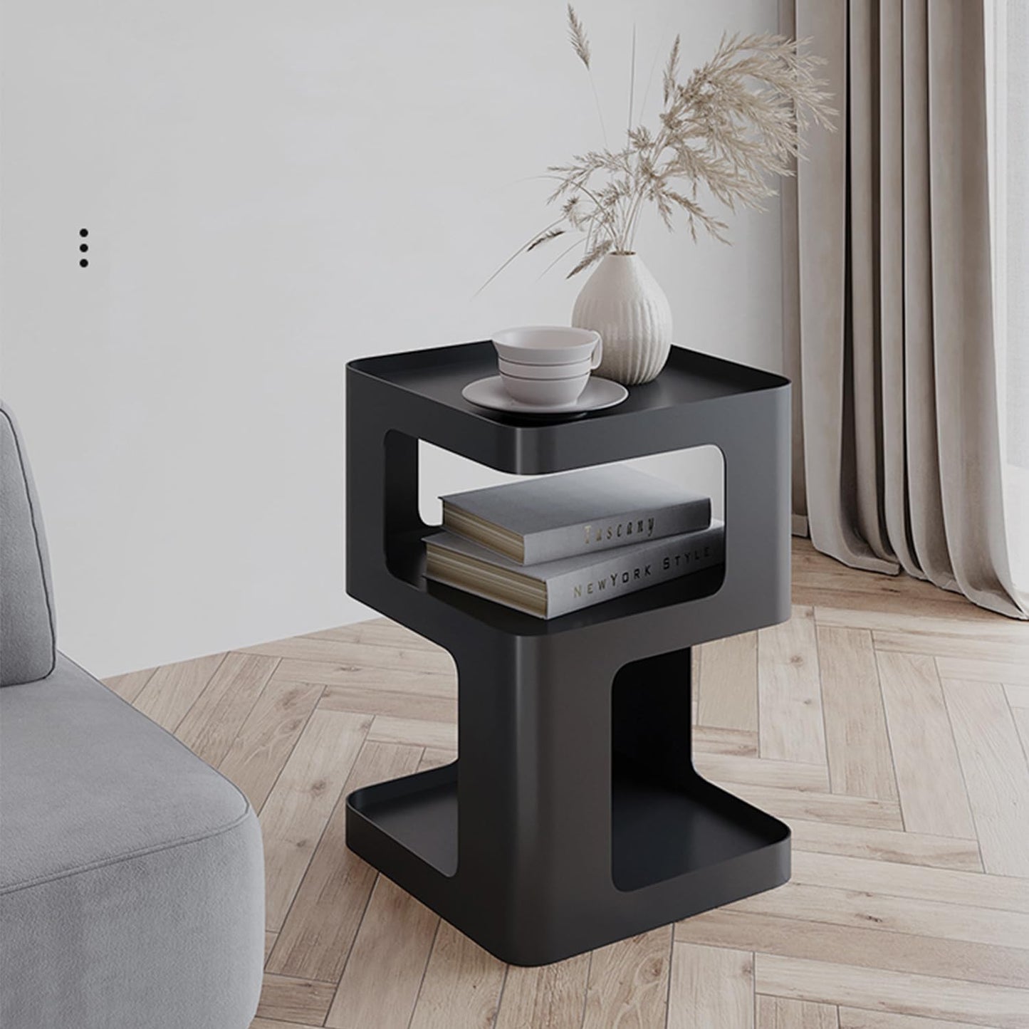 BUZUEY side table,modern end table with storage,black metal bedside table,unique nightstand,accent side table for Living Room Bedroom,no assembly