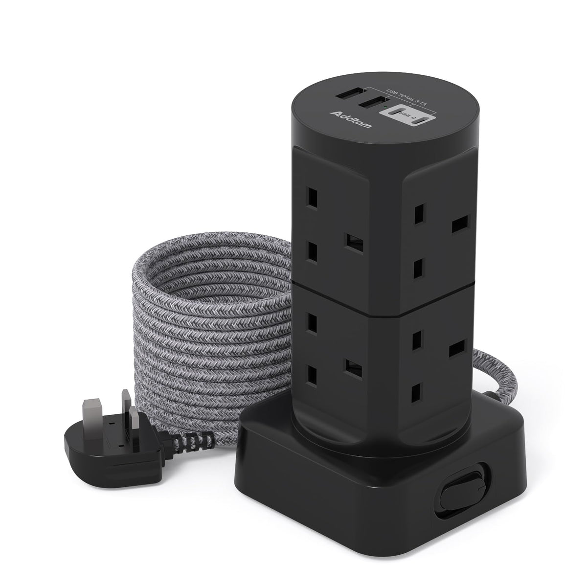 Tower Extension Lead with USB Slots, (13A 3250W), 8 Way Multi Plug Extension Tower & 4 USB Ports (2 Type C), 1.8M Extension Cable, Extension Lead