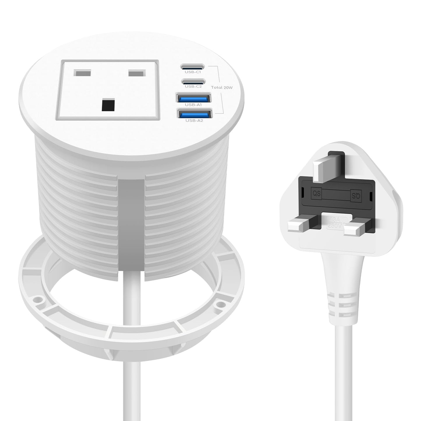 Recessed Power Socket with 1 UK Plug, 20W Fast Charging USB-C Port, Desk Power Grommet 80mm, Seamless Flush Mount - Make Your Desktop Tidier,