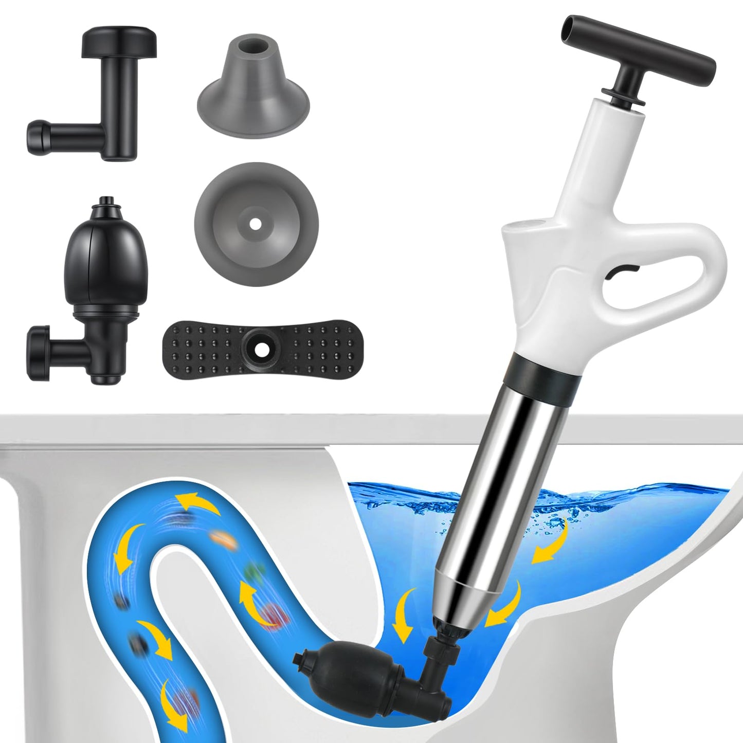 Compressed Air Pipe Cleaner, Drain Cleaner Pump with Air Compression and Air Pressure Indicator, Compressed Air Pipe Cleaner with 4 Suction Cups for