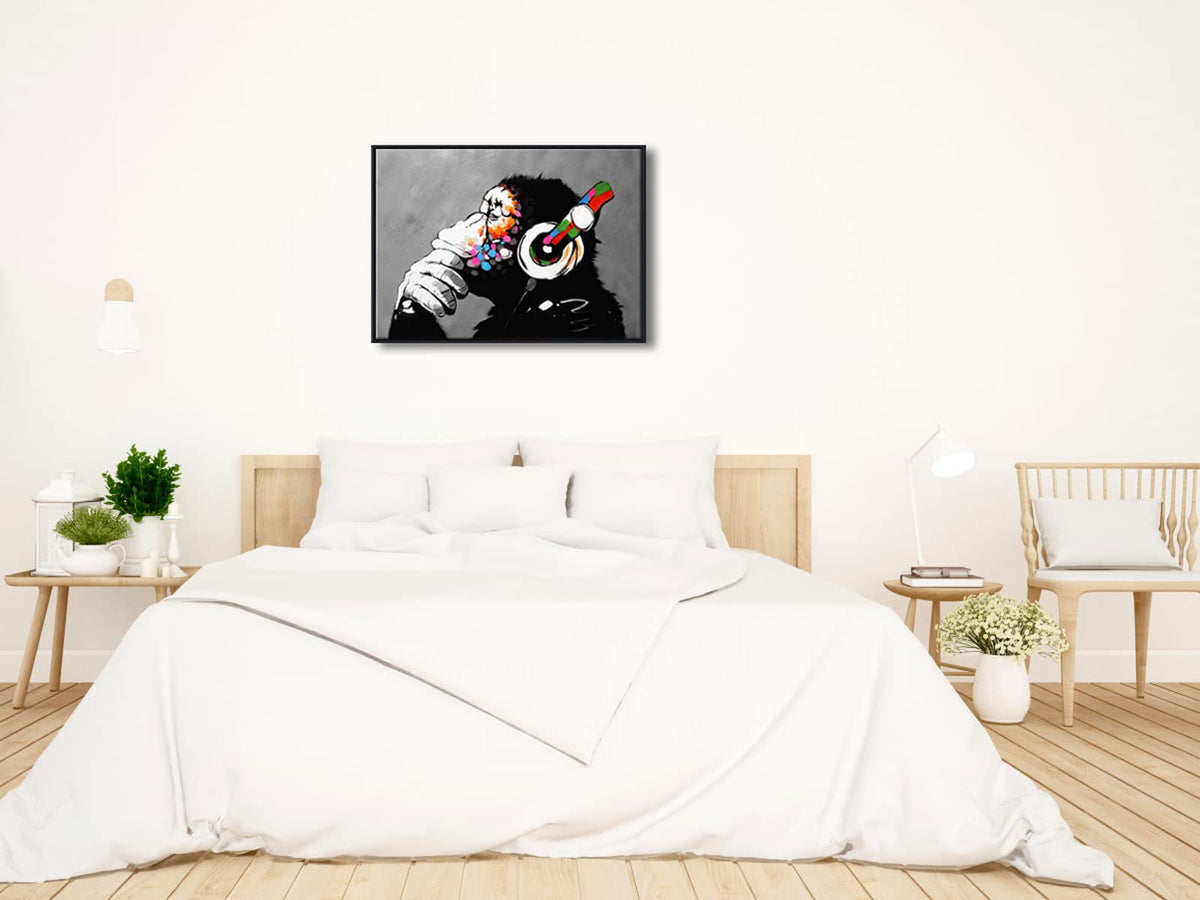 Wieco Art Black Framed Monkey With Headphones Banksy Graffiti Art Abstract Canvas Painting Posters and Prints Animal Canvas Wall Art for Wall Decor