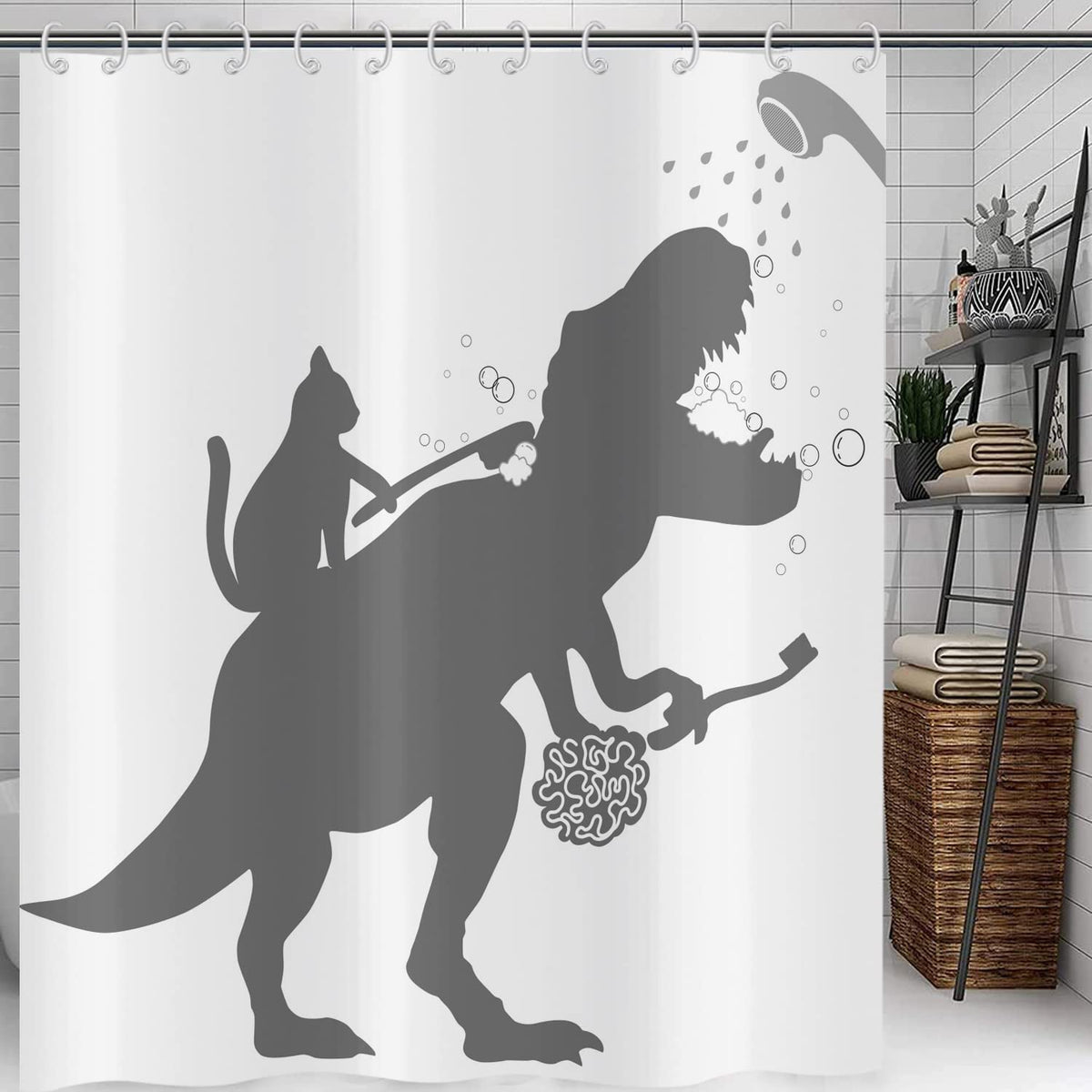 Hnmdmyi Funny Shower Curtain 120x180, Cat Help Dinosaur Bath Shower Curtains Kids Boys Silhouette Shadow Black White Bathroom Curtains Waterproof