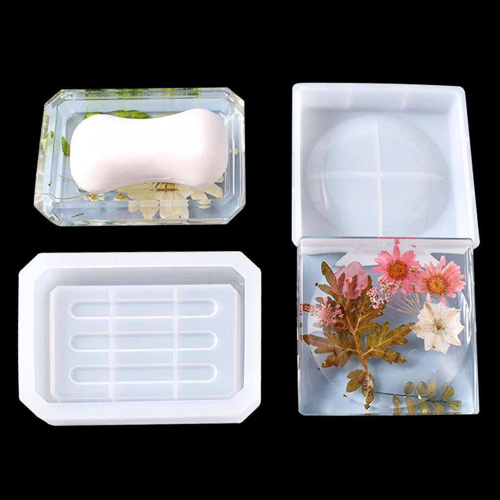 FineInno 2 Pcs Soap Dish Resin Moulds,Rectangle Jewelry Box Molds Round Epoxy Moulds Jewelry Tray Silicone Mold Storage Sponges Earring Holder Plate
