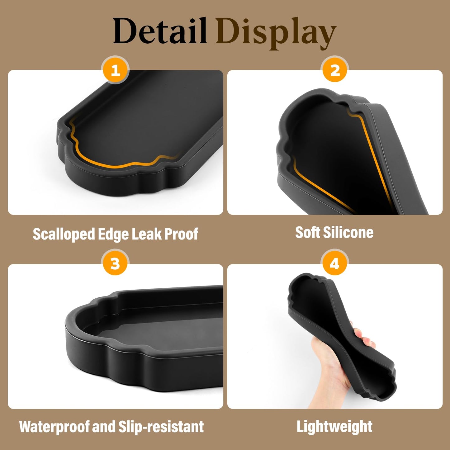 Rolcoassuns Silicone Bathroom Tray, 9.5" x 4" Perfume Tray, Black