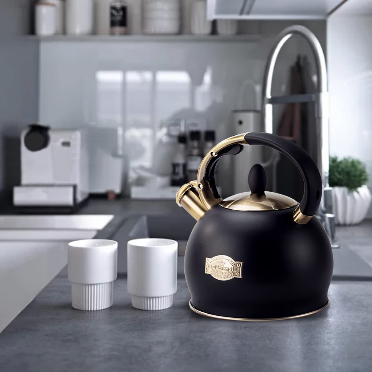 SUSTEAS Stove Top Whistling Tea Kettle-Surgical Stainless Steel Teakettle Teapot with Cool Touch Ergonomic Handle, with 1 Silicone Pinch Mitt