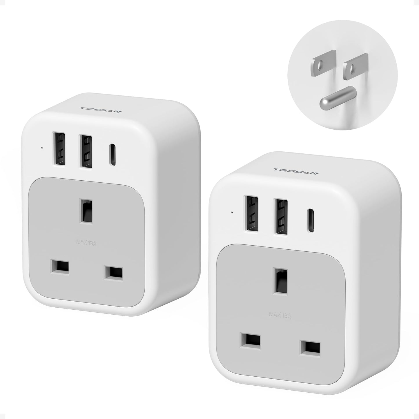 UK to US Plug Adaptor 2 Pack, TESSAN USA Travel Adapter with USB C and 2 USB A, 4 in 1 Thailand Travel Adaptor, American Plug Adapter from UK to