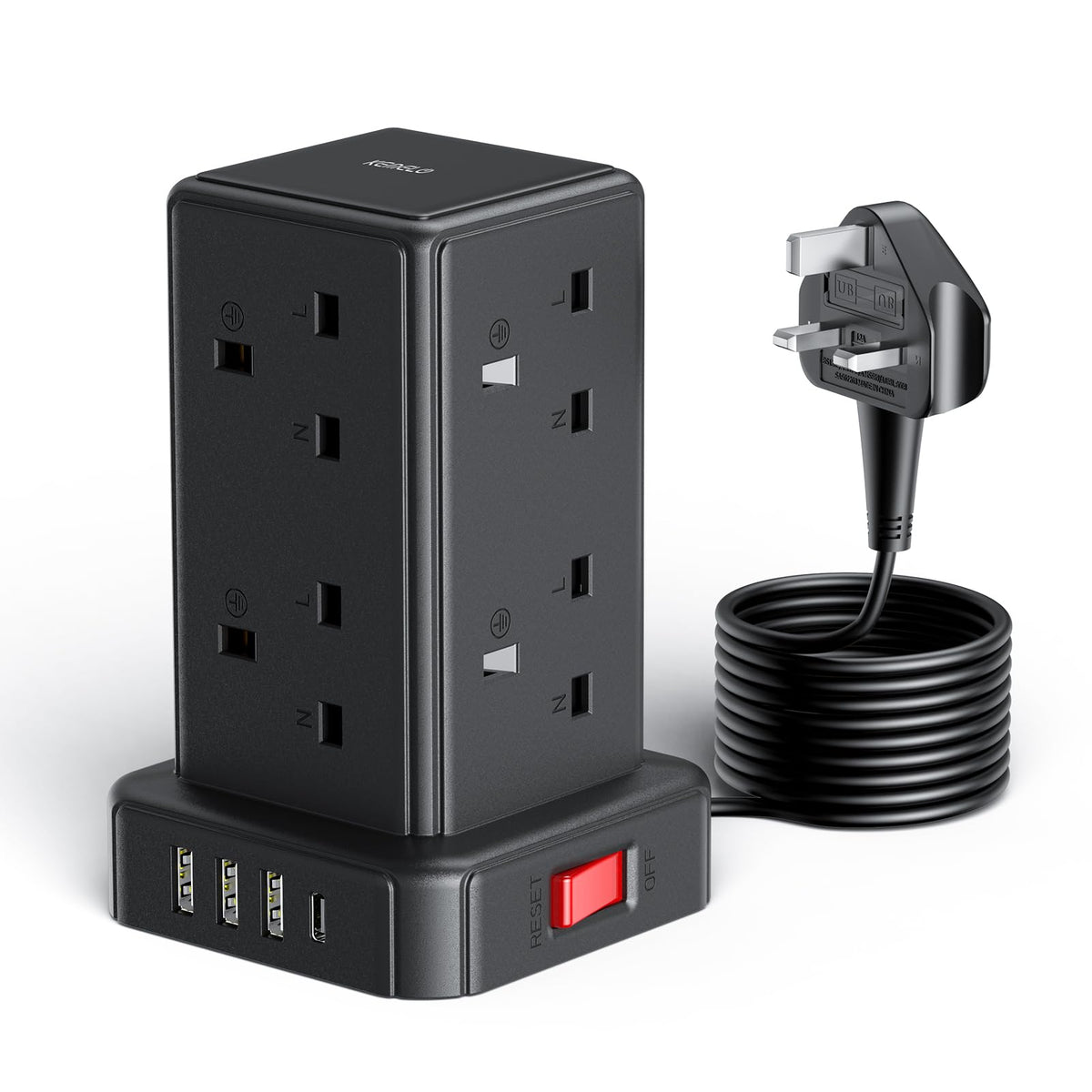 Kemelo Tower Extension Lead with 8 Way Multi Plug Extension Tower & 4 USB Ports (13A),Mini Power Strip with Switch, 5M Extension Cable Surge