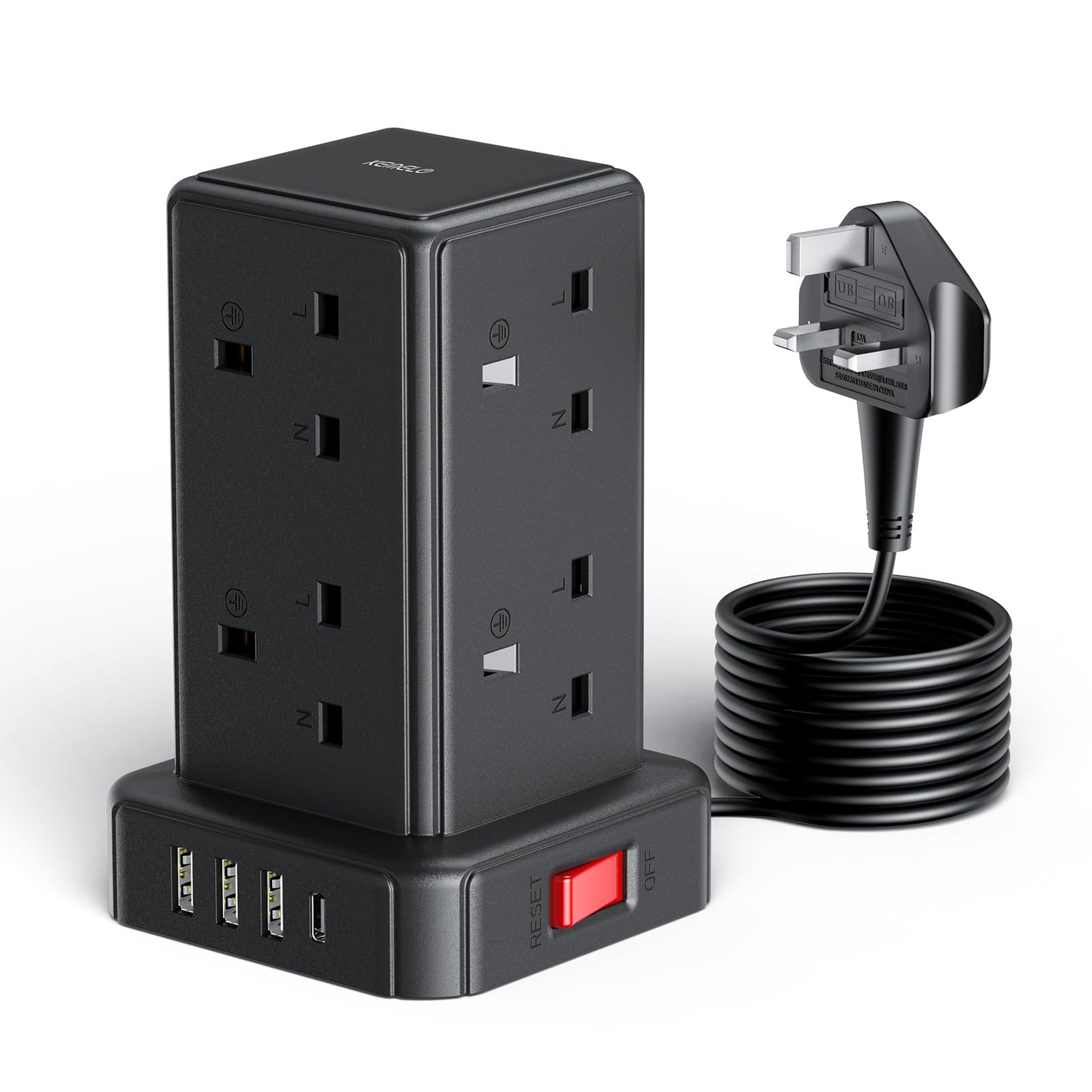 Kemelo Tower Extension Lead with 8 Way Multi Plug & 4 USB Ports (13A 3250W), Mini Power Strip with Switch, 2M Extension Cable Surge Protection for