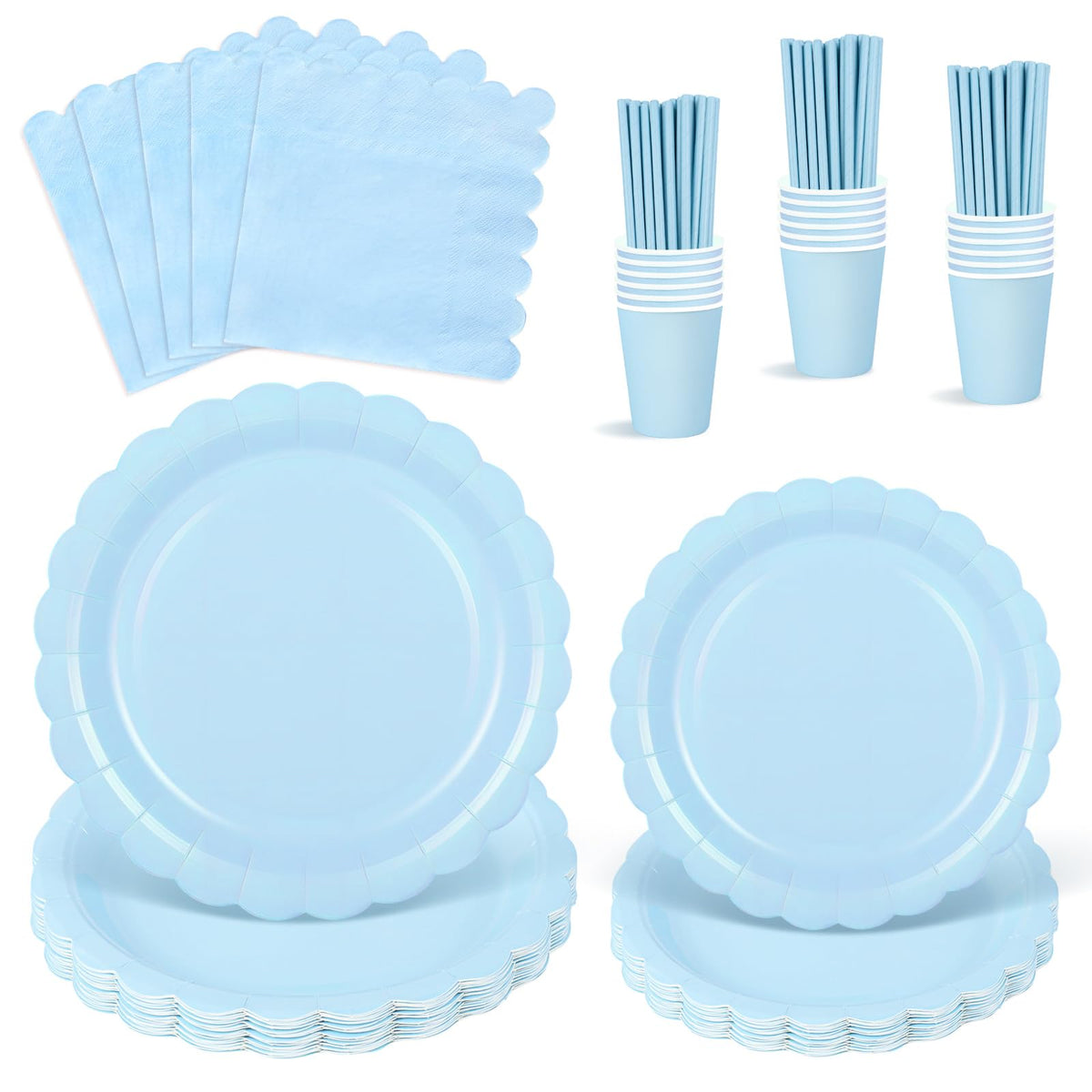 NatNarr 125 Pcs Light Blue Paper Plates and Napkins, Blue Graudation Party Supplies Include Light Blue Scalloped Plates Napkins Cups Straws for Baby