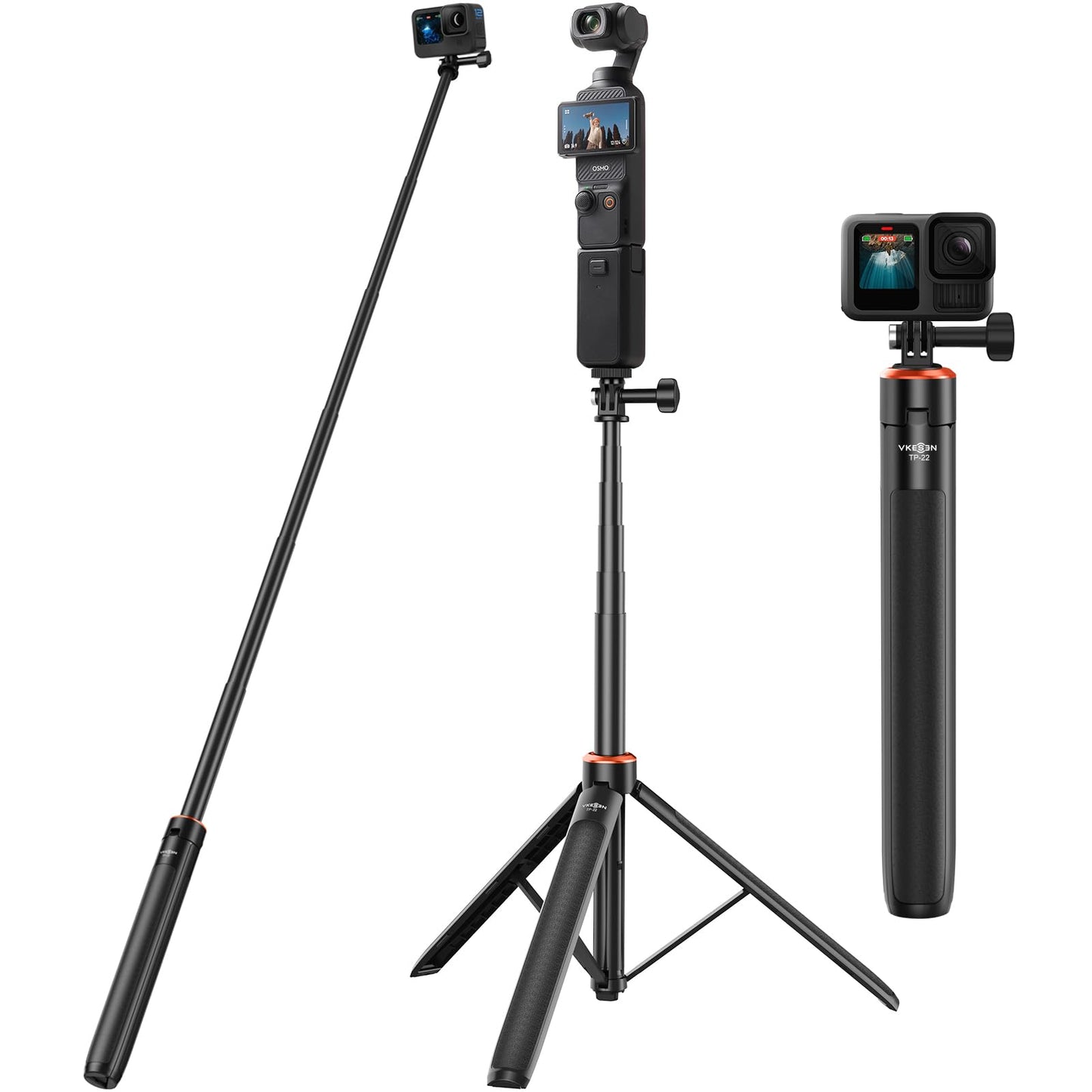 53.5"/136cm Selfie Stick Tripod for DJI Osmo Pocket 3, GoPro Hero 14/13/12/11/10/9/Max, DJI Osmo Action 5 Pro/4/3, AKASO EK7000, Action Camera 2-in-1