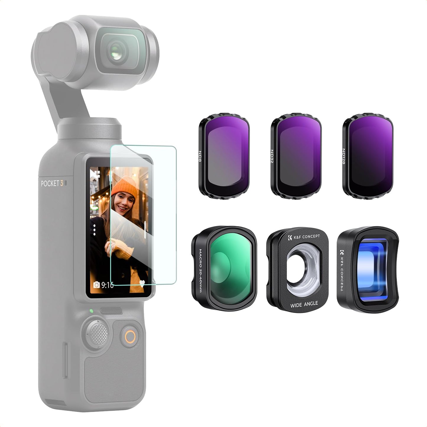 K&F CONCEPT 6-pack Filter for DJI Osmo Pocket 3, 10X Macro Lens +1.2X Anamorphic Lens+ 112? Wide Angle Lens +ND8 + ND32+ ND128, Optical Glass Magnetic