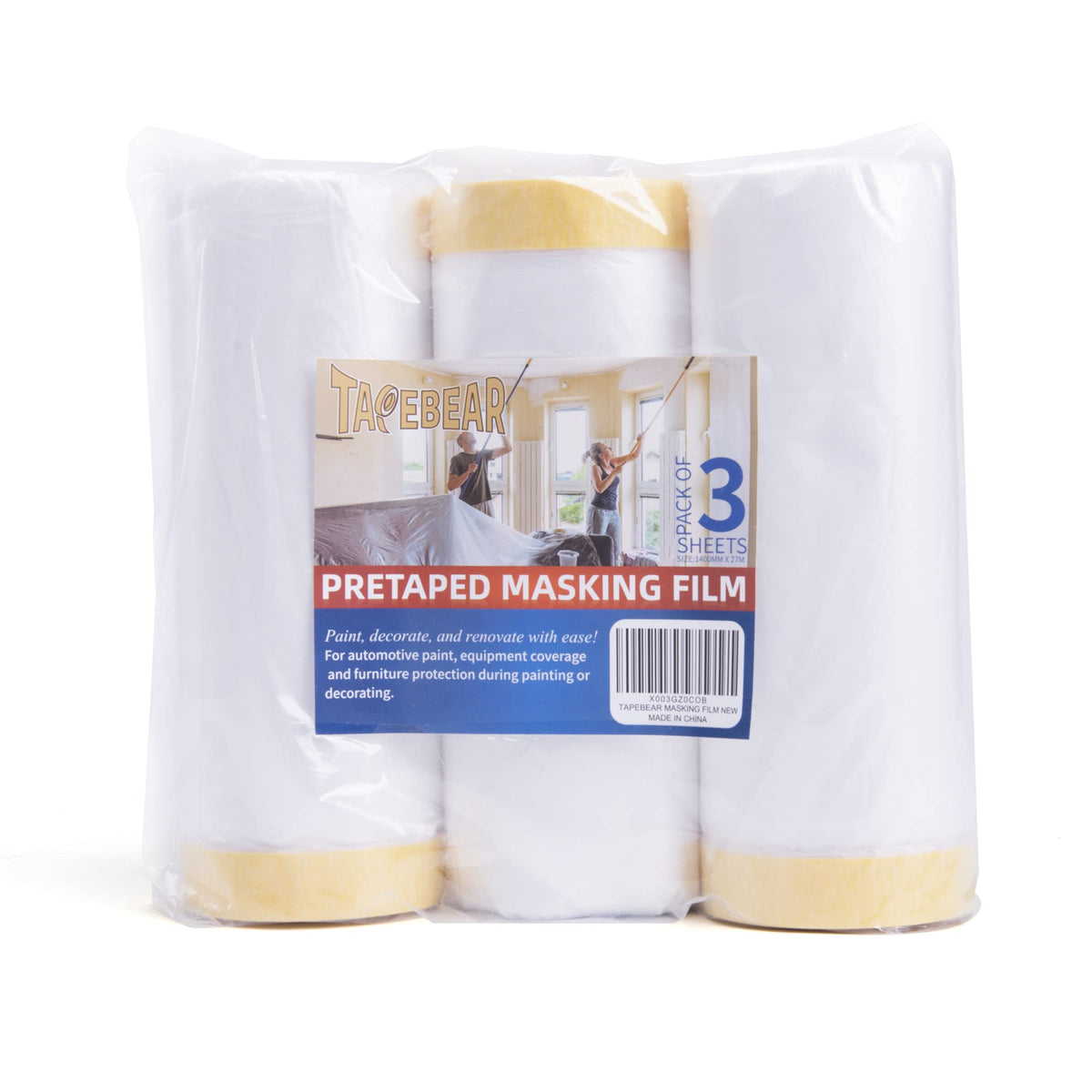 TAPEBEAR Pre-Taped Masking Film, Tape and Drape, Plastic Sheeting Roll, Automotive Painters Masking Tape Film, Plastic Sheeting Cover for Appliance
