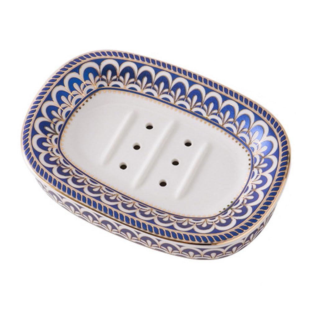Soap Dish for Bathroom Shower, Ceramic Blue Bar Soap Holder with Drainer, Large Sized Face Body Bar Soap Dish Tray Container for bathroom, Kitchen