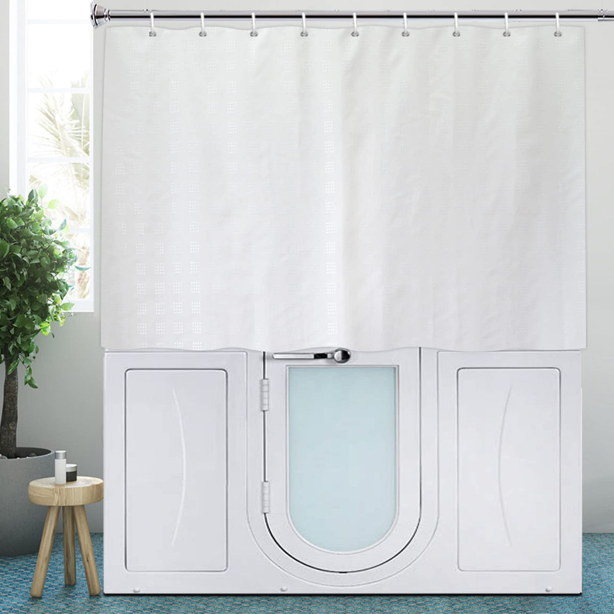 YISURE Extra Short Shower Curtain, White Textured Small Shower Curtain for Step In Tub, Waterproof Fabric Shower Curtain with Weighted Bottom and