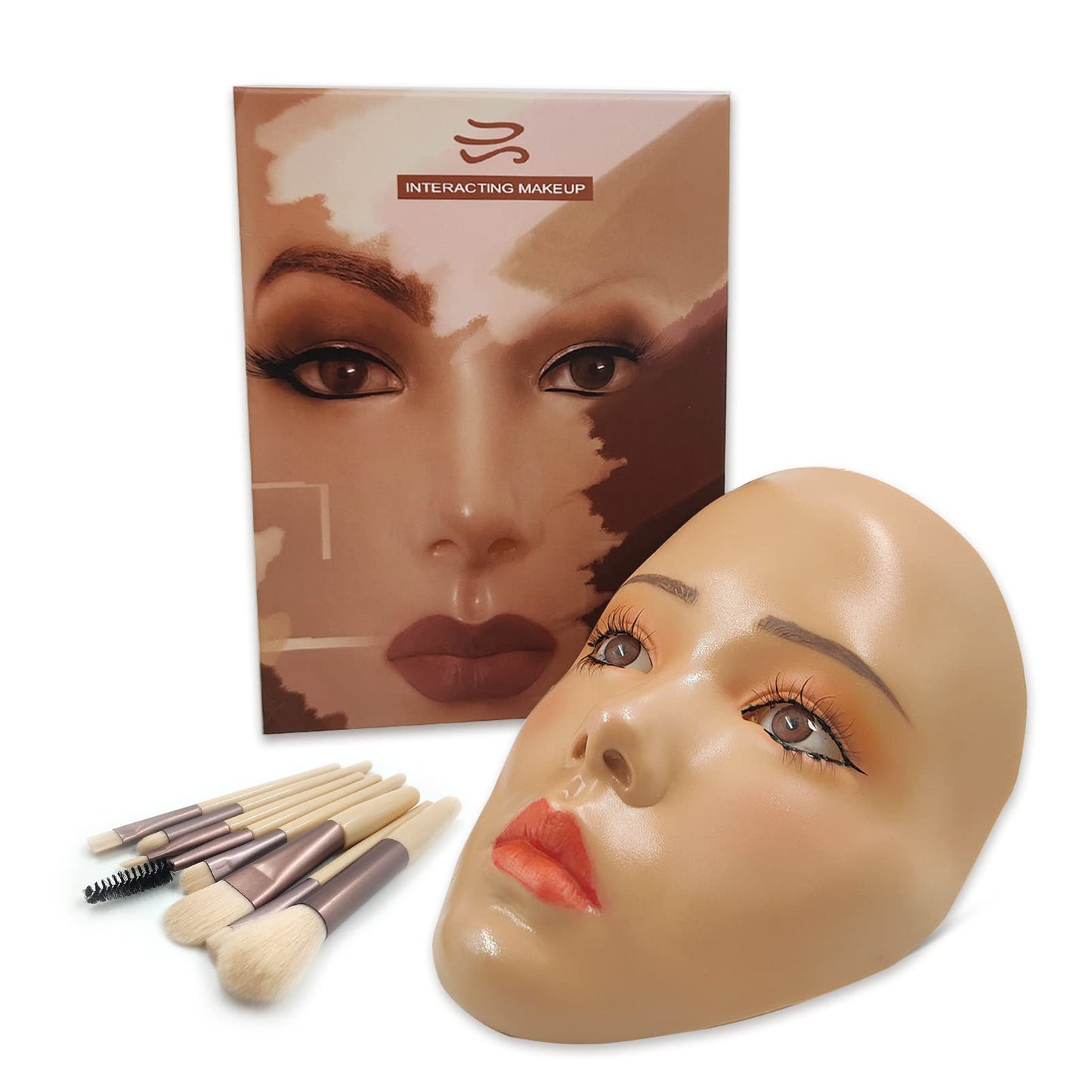 3D Makeup Practice Face - Reusable Silicone Mannequin Head with Makeup Brushes Set, for Emerging Artists & Girls' Gift