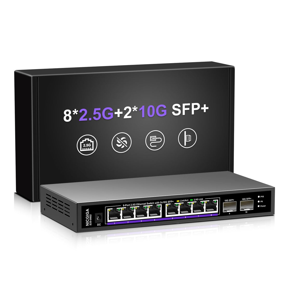 10 Port 2.5Gb Unmanaged Ethernet Switch with 8* 2.5G Base-T Ports + 2* 10G SFP+ Ports. NICGIGA 8 Port 2.5Gbps Network Switch for 2.5Gbps NAS/PC, WiFi6