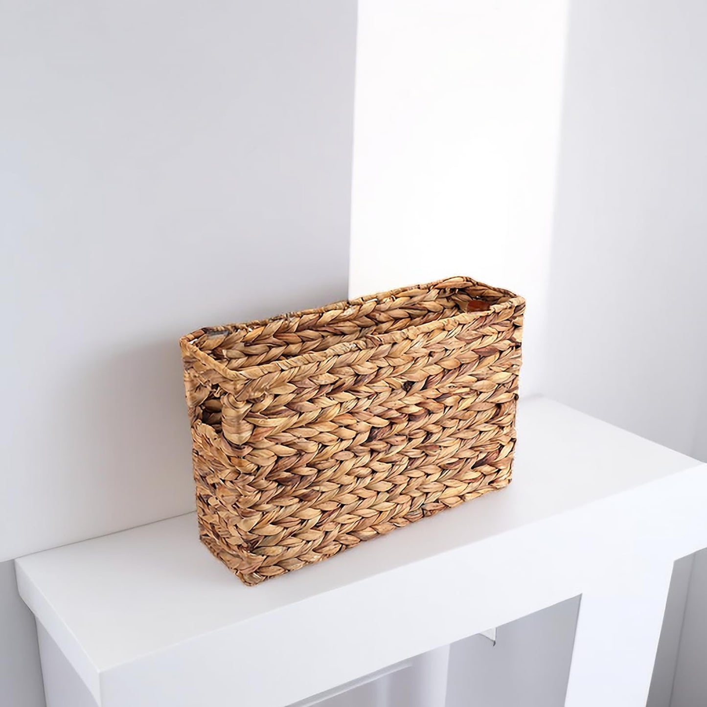 Yesland Hand-Woven Natural Narrow Water Hyacinth Holder Wicker Basket, 15.5 x 5.5 x 9.75 Inch/39 x 14 x 24.7cm Decorative Magazine Storage Bin for