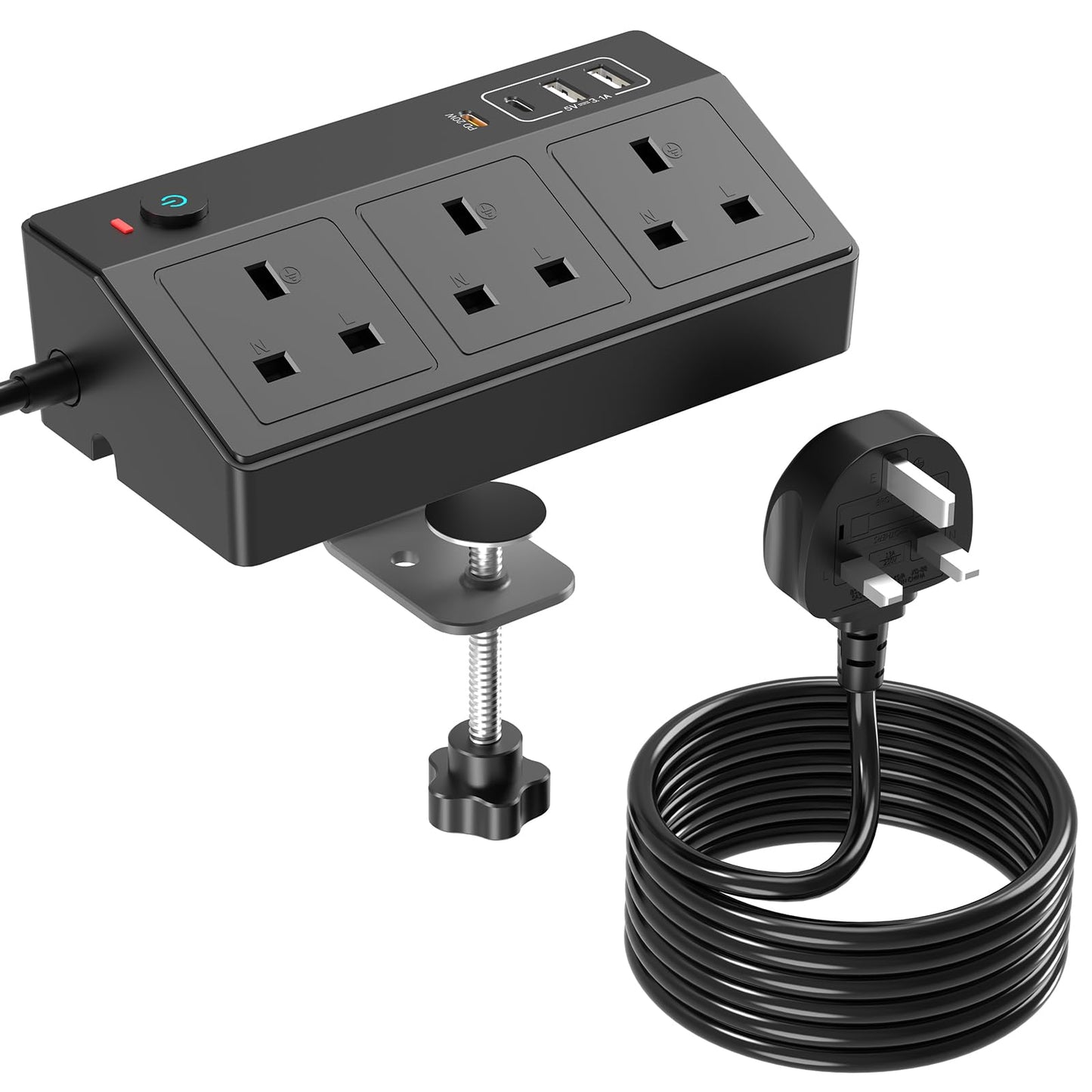 Desk Power Socket with USB C Slots, HAFINO PD 20W Fast Charging Power Station, Extension Lead with USB Slots 3M with Removable Clamp, Desktop Power