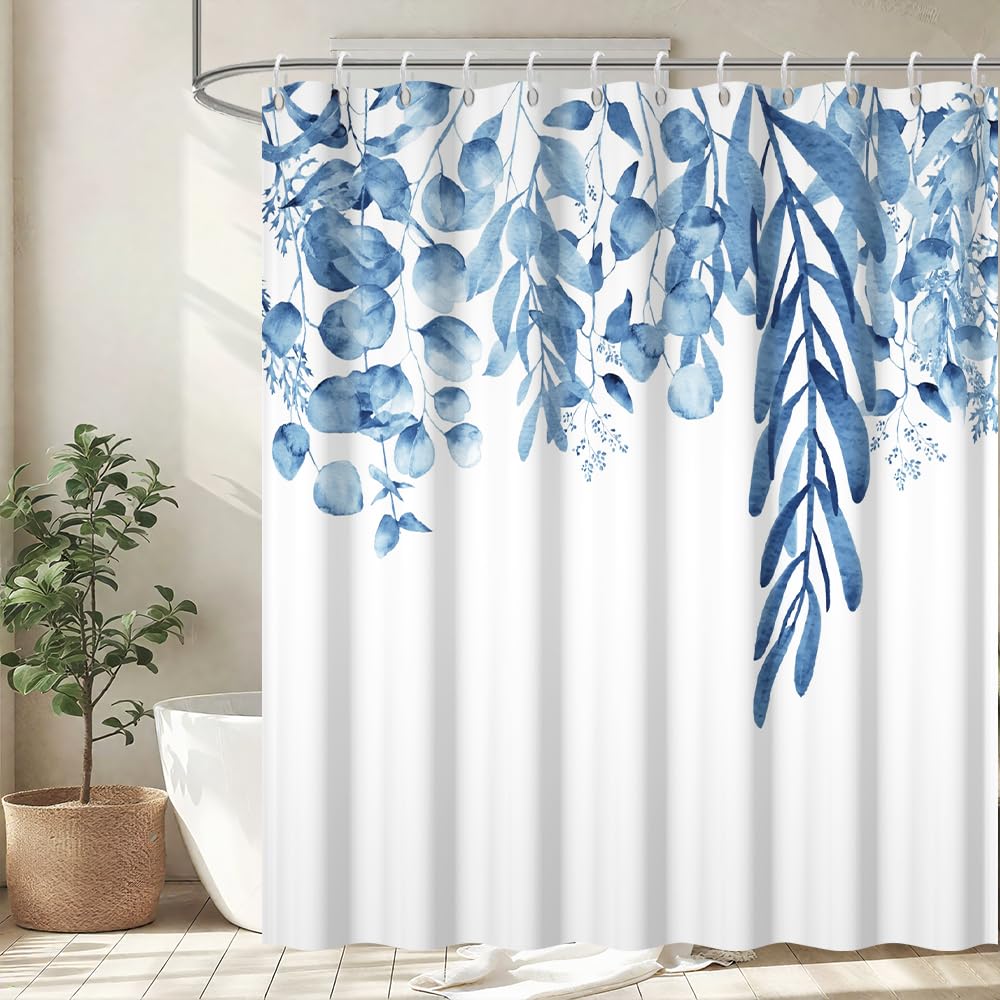Uiiooazy Blue Eucalyptus Shower Curtain, Leaves Floral Plant Motif Bath Curtain Mildew and Mould Resistant Waterproof Polyester Fabric Washable Shower