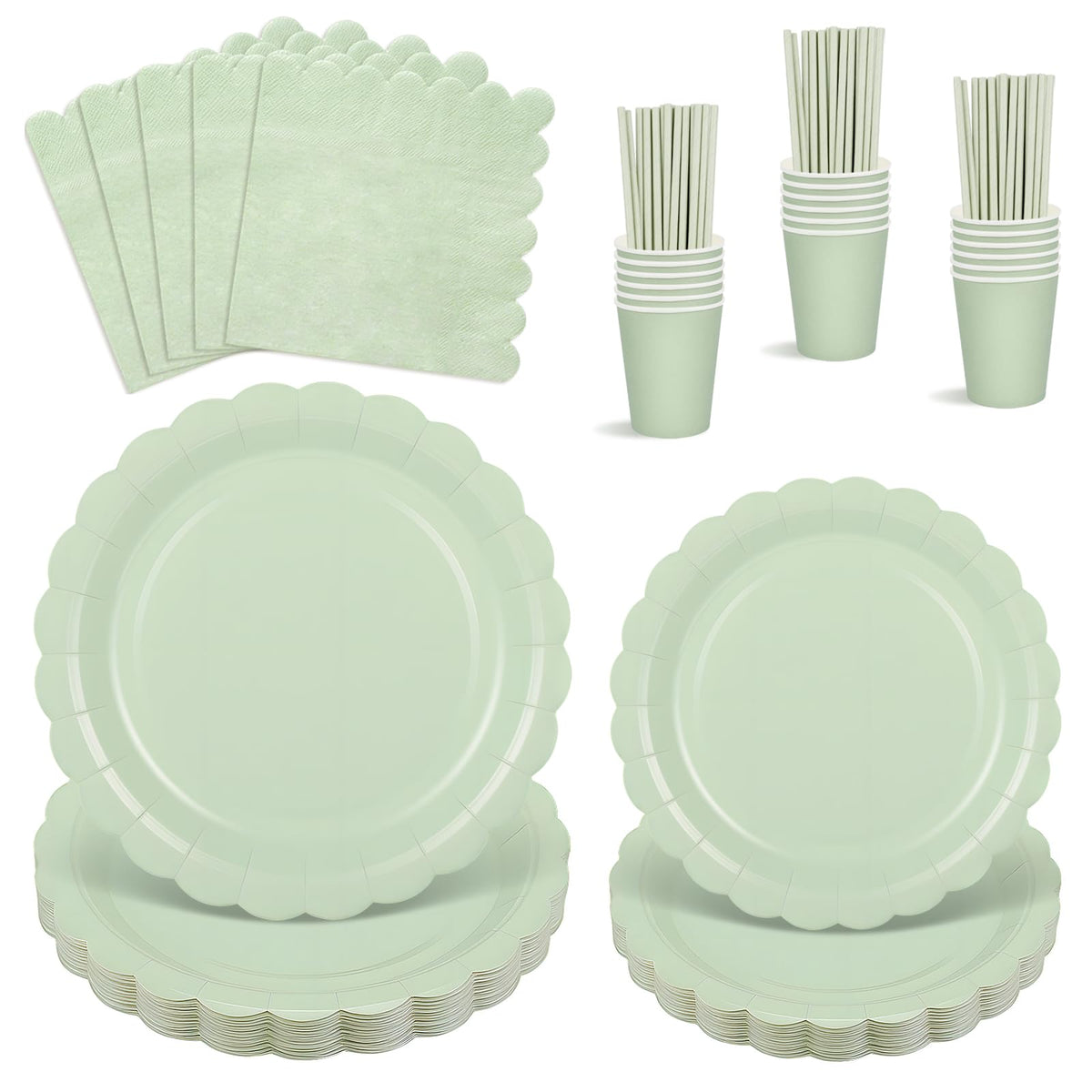 125 Pcs Sage Green Paper Plates and Napkins, Sage Green Party Supplies Include Scalloped Plate Paper Napkin Cup Straws for Baby Shower, Wedding,