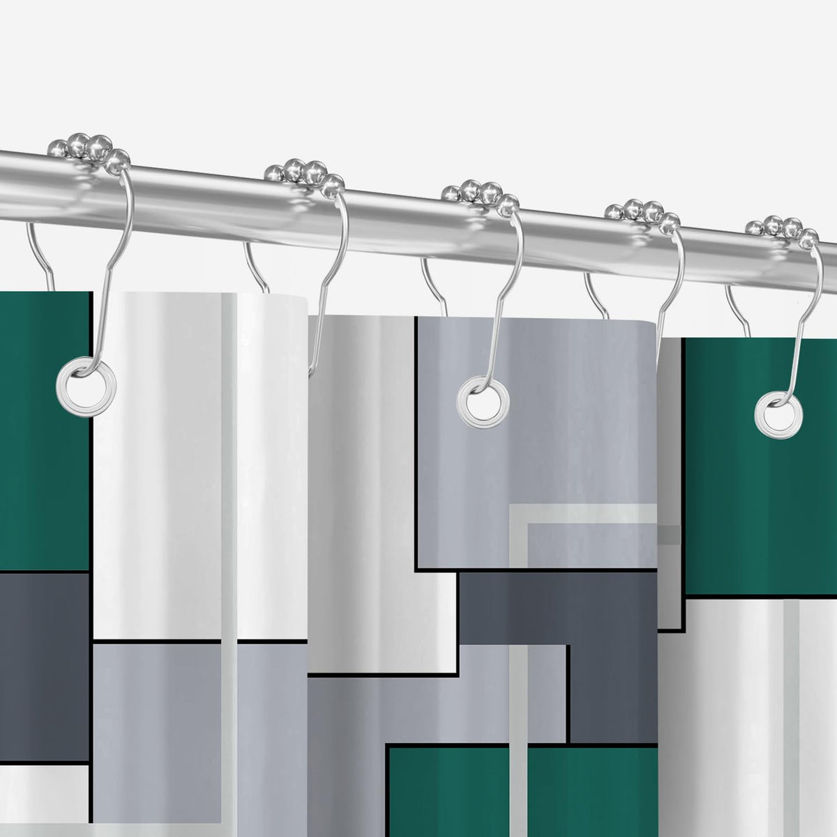 Shower Curtain, 180 x 200 cm, Squares, Emerald Green, Weighted Hem, Anti-Mould Textile, Water-Repellent, Washable Polyester Bath Curtains with 12