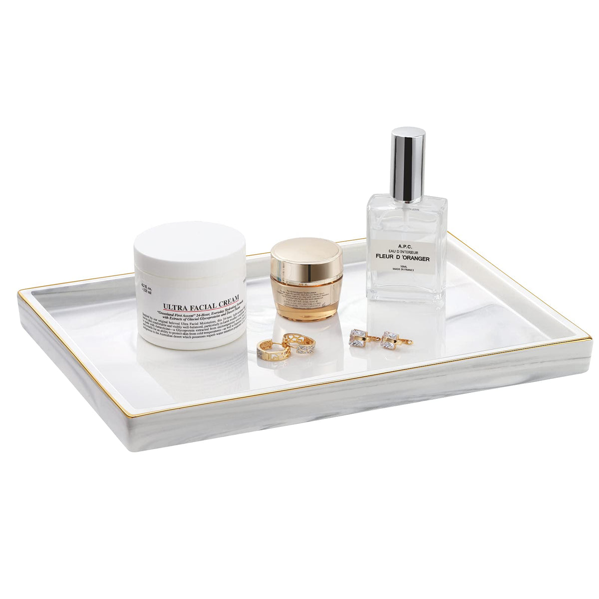 Shinowa Ceramic Vanity Tray, Bathroom Counter Tray Marble Finish Perfume Tray Rectangle Decorative Tray for Vanity Dresser Bathroom Countertop Living