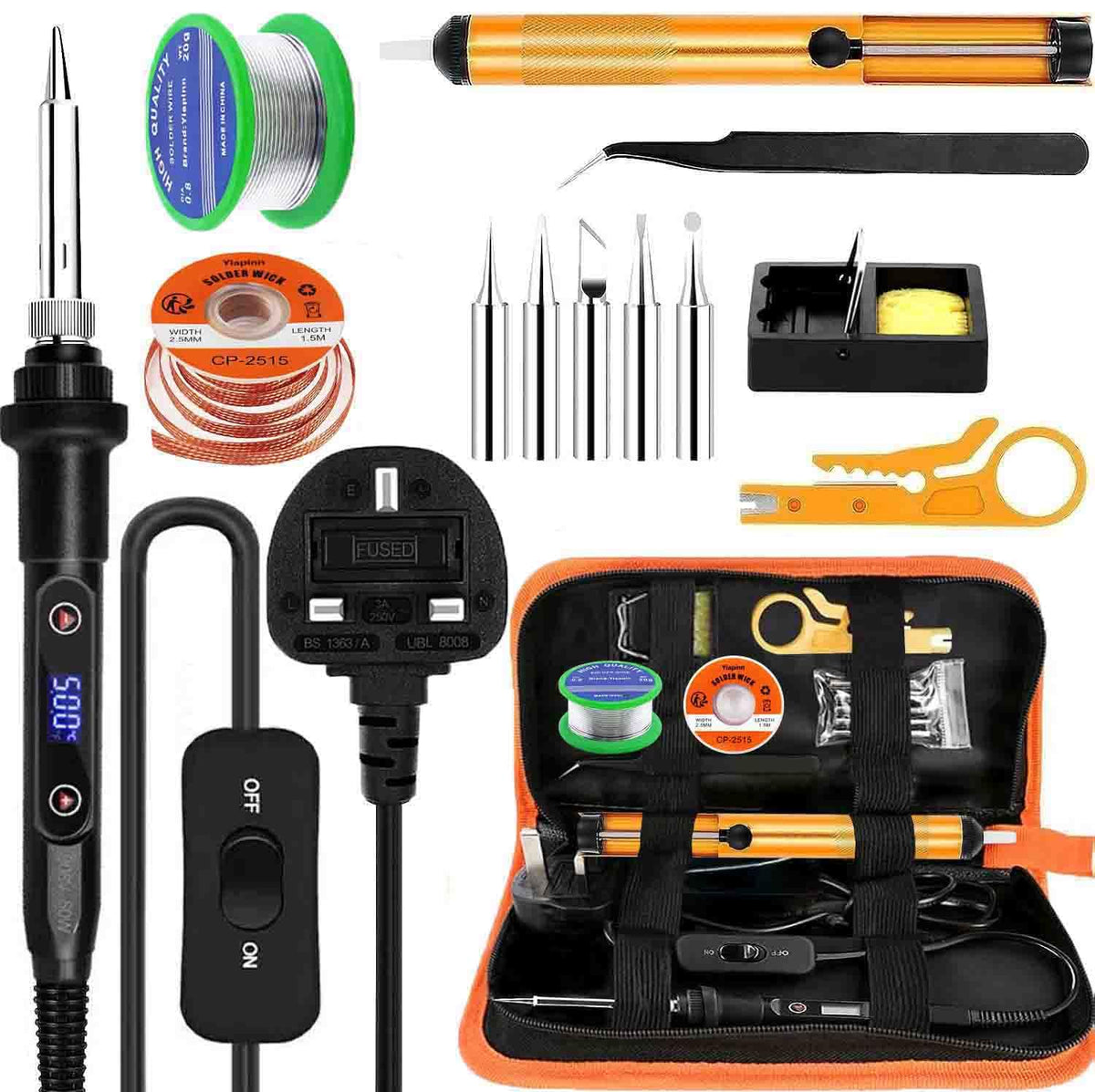 Soldering Iron Kit 80W Ceramic Heating, LCD Adjustable Temperature 180-500?C, 13in1 Welding Tool with Switch Solder Wire, Solder Wick, 5 Soldering