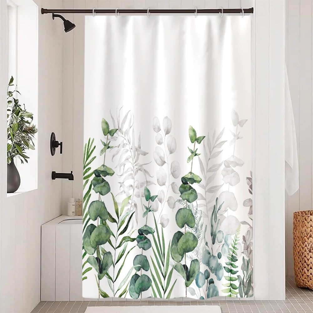 Uiiooazy Eucalyptus Shower Curtain, Green Gray Leaves Shower Curtain Plant Pattern Bath Curtain Mildew and Mould Resistant Waterproof Polyester Fabric