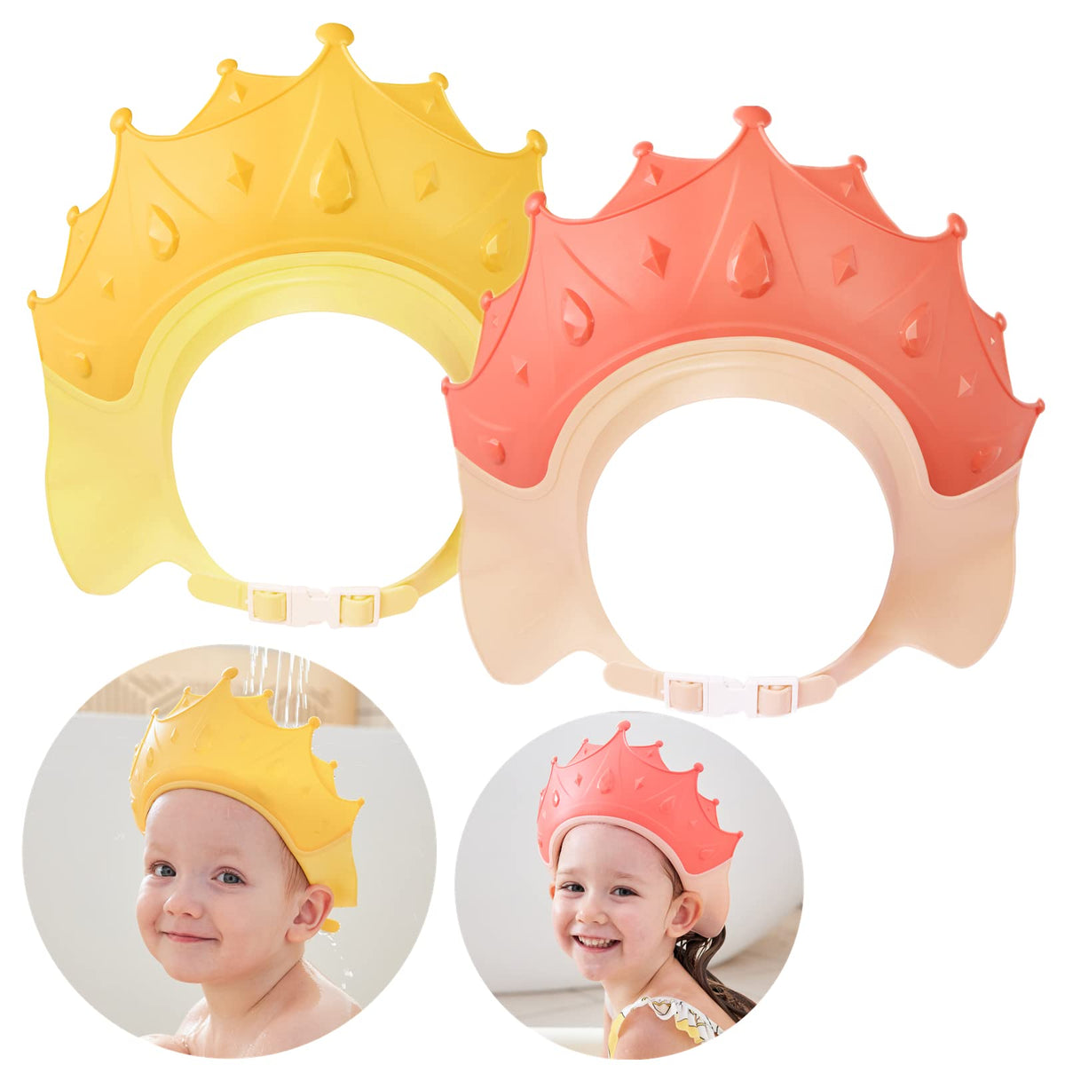 FUSACONY 2 Pcs Baby Shower Cap Shield, Shower Cap for Kids, Visor Hat for Eye and Ear Protection for 0-9 Years Old Children, Cute Crown Shape Makes