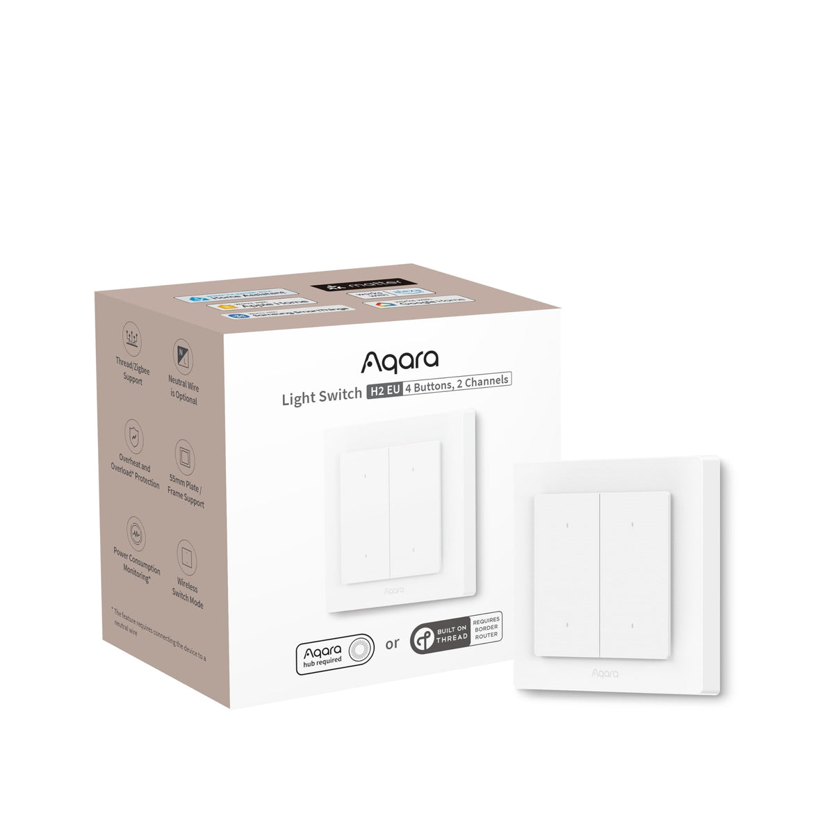 Aqara Smart Light Switch H2 EU (2-in-1 Neutral, 4 Gang 2 Channel), Thread/Zigbee Protocol, Wall Switch for Smart Home, Supports Apple Home, Alexa,
